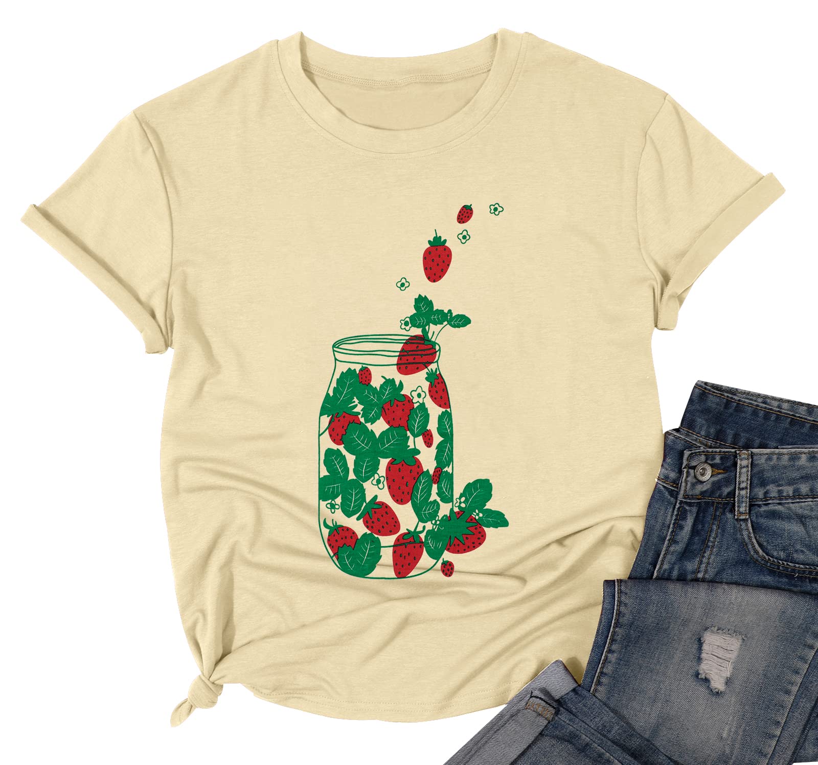 Women Strawberry Shirts Cute Fruit Graphic Tees Strawberries Print T Shirt Casual Garden Short Sleeve Tee Tops