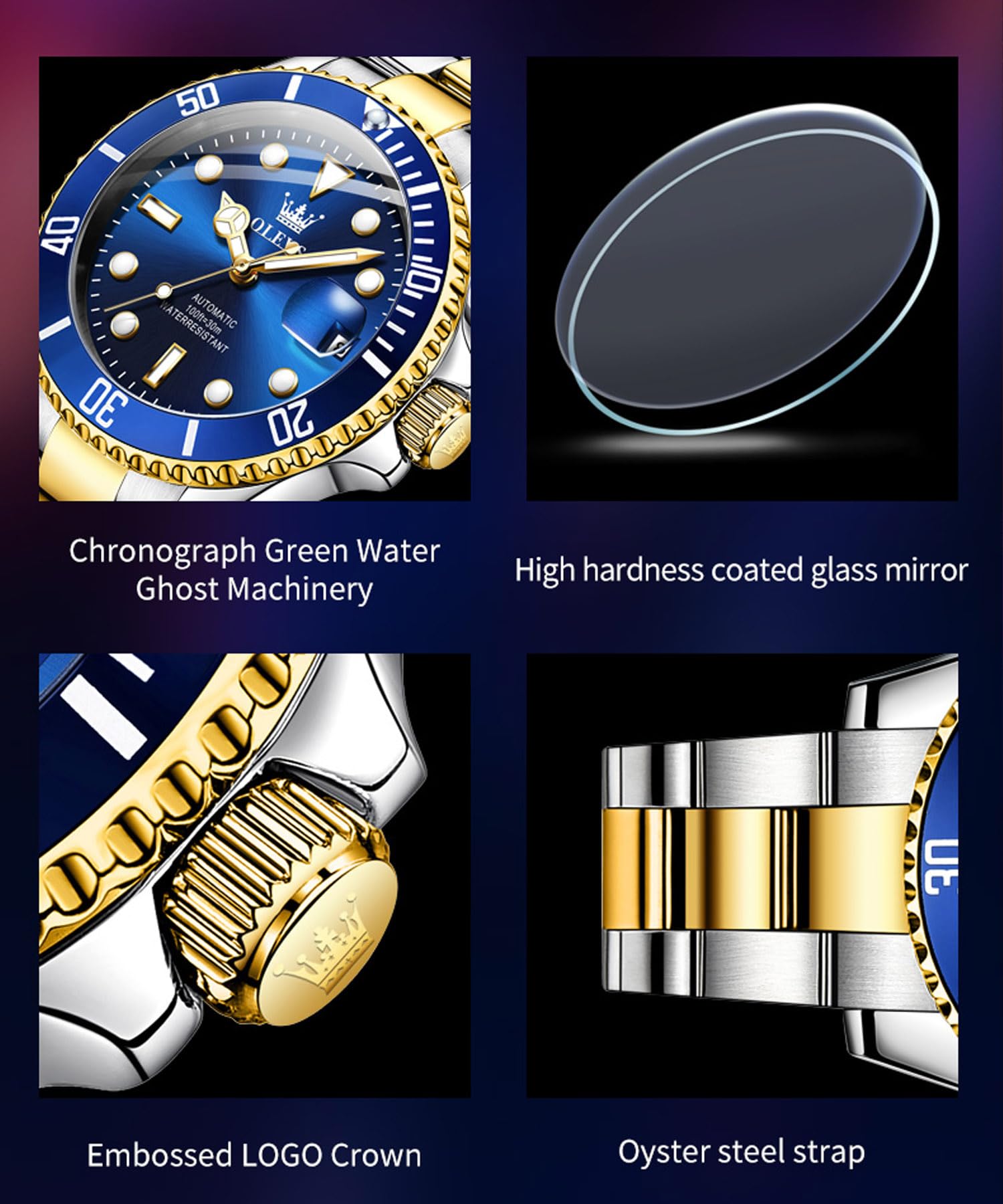 OLEVS Reloj mecánico para Hombre, Esfera Grande, Fecha, Impermeable, de Acero Inoxidable, con Brillo Nocturno, de Lujo, Totalmente automático