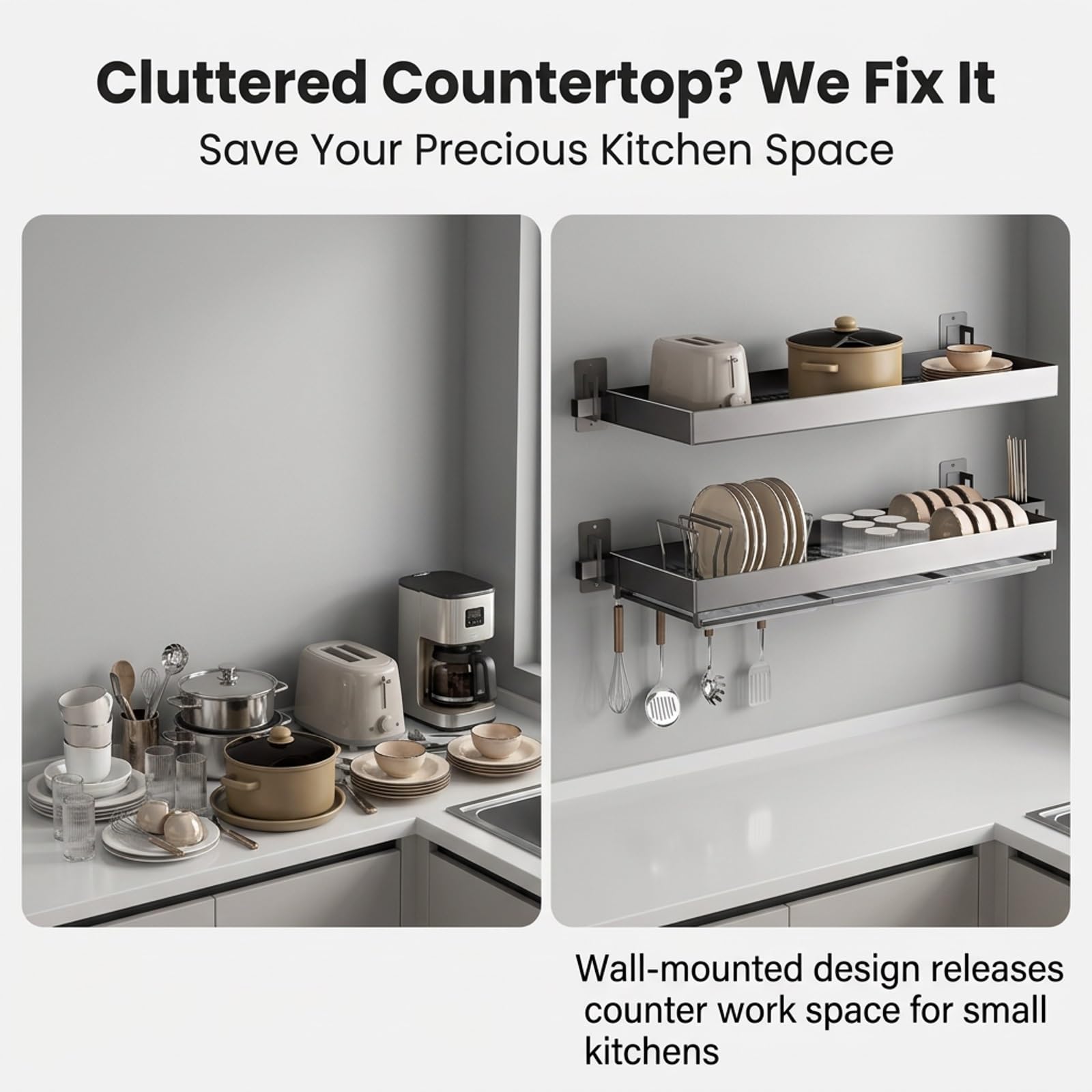 Escurridor de Platos para Pared, Organizador de Cocina en Acero | Acero inoxidable, montaje en pared, ahorro de espacio, secado rápido(Gray 2,95cm/37.4in)