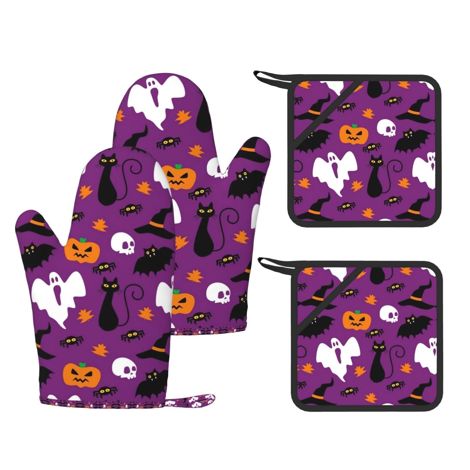 Purple Halloween Horror Printed Oven Mitts with Pocket and Hot Pads, Silicone Non-Slip Kitchen Gloves for Baking BBQ