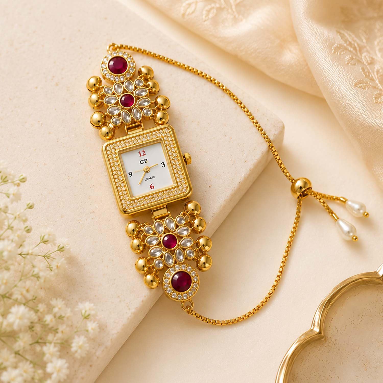 ascension premium designer kashmiri watch rakhi with kundan & pearl detailing raksha bandhan gift band bracelet for bhabhi sister girls rakhi raksha bandhan gift item