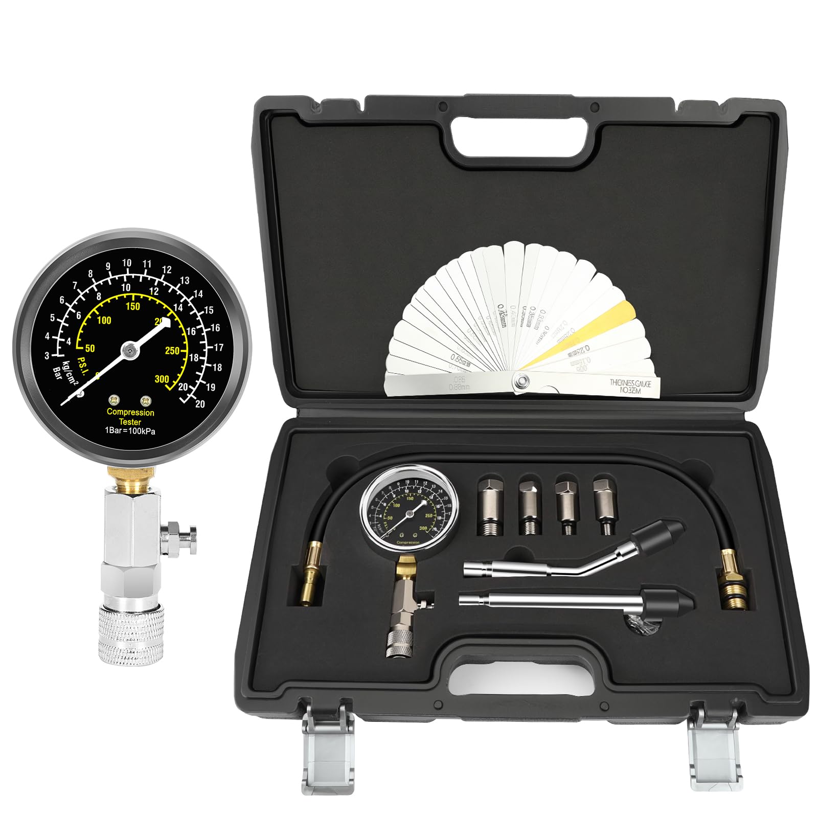 Photo 1 of BETOOLL 9pcs Petrol Engine Cylinder Compression Tester Kit with Spark Plug Gap Tool 32 Blades Steel Feeler Gauge 300PSI Engine Cylinder Compression Gauge Automotive Tool