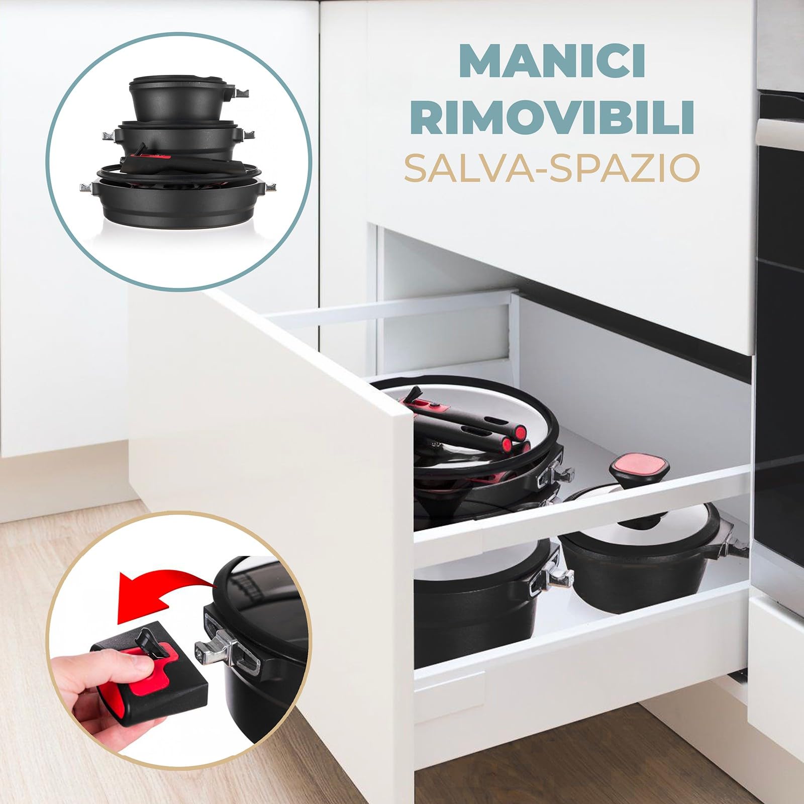 PARAMAISON Batteria Pentole e Padelle Antiaderenti, Set da 24 Pezzi con Mestoli, Coperchi in Vetro Temperato, Manico Removibile, Senza Pfoa | Nero