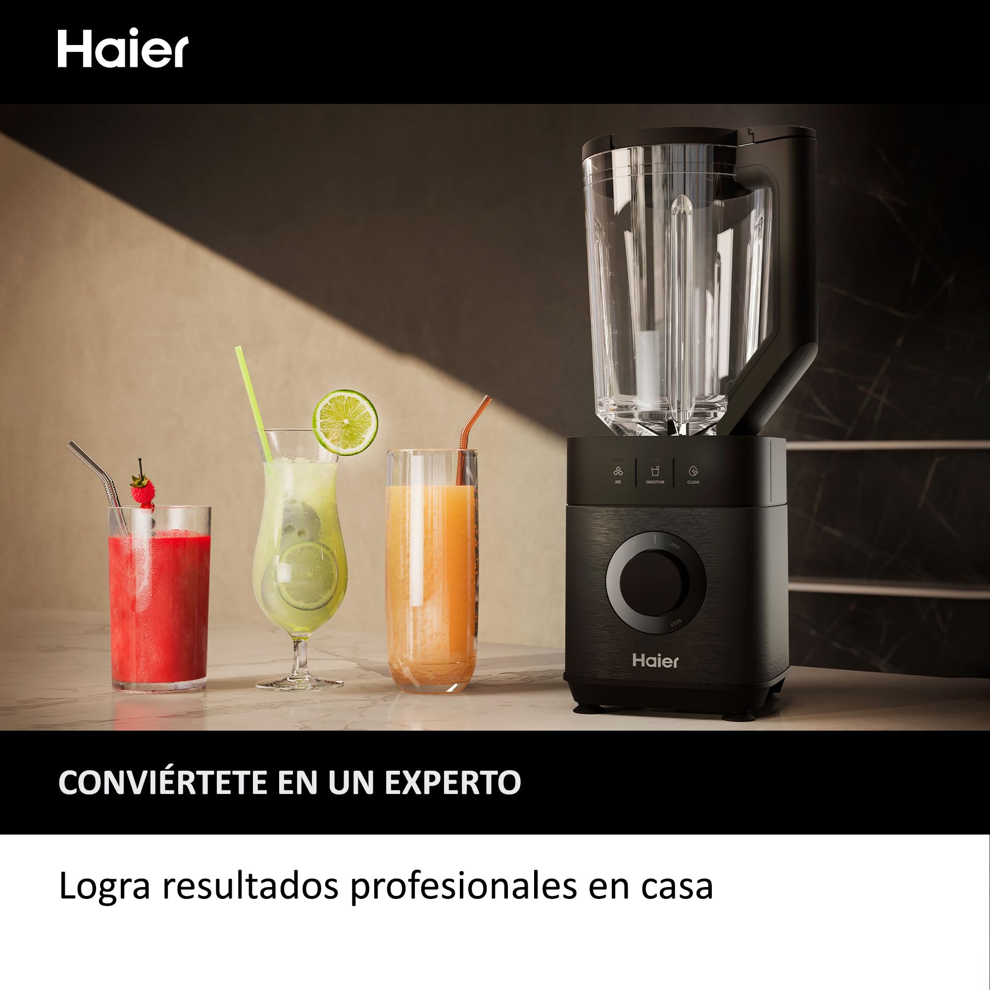 HAIER Batidora de Vaso con Triturador de Hielo, Batidora Smoothies, 5 Velocidades Variables, Limpieza Automática, Jarra de Vidrio de 1.7L, Jarra Portátil de 0.6L, 1200W [I-Master Series 5]