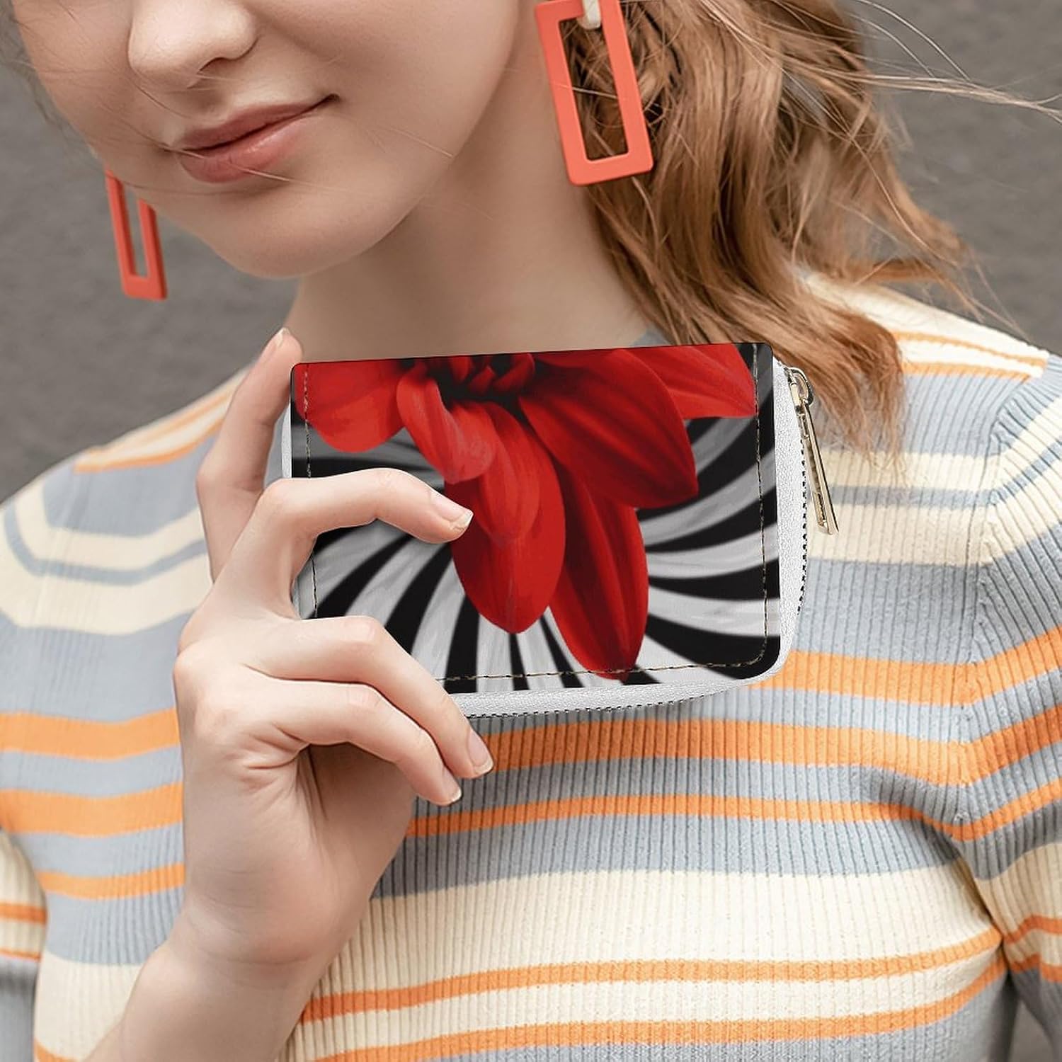 Leather Card Organizer Case Card Wallet Credit Card Holder Red Flower Printed Zipper Card Cases Holder for Women Men
