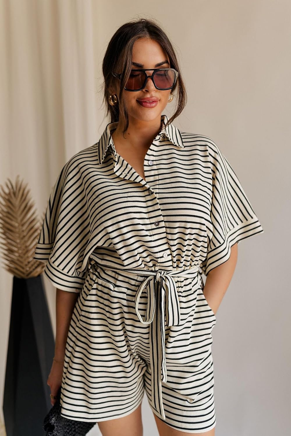 Yousify Womens Summer Casual Striped Rompers Short Sleeve Button Down Belted Elastic Waist Short Jumpsuit - Image 2