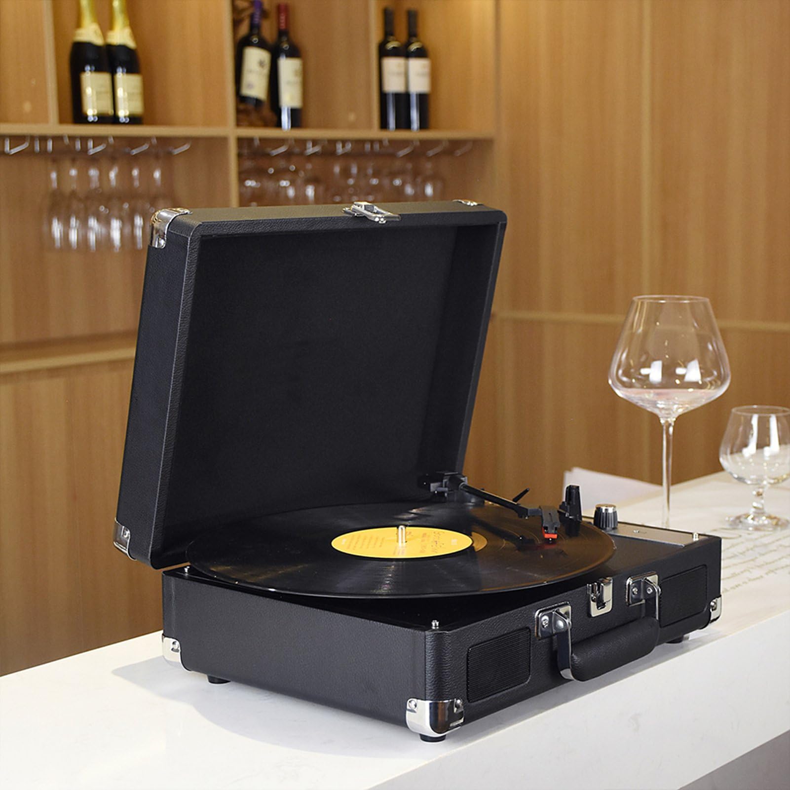Jeffergarden Giradischi Fonografico Vintage con BT, Uscita da 3,5 Mm, USB, TF, SD, Supporto 33/45/78 Giri/min, Trasmissione a Lungo Raggio di 10 M per Dischi in Vinile da 7/10/12 Pollici (BLACK)