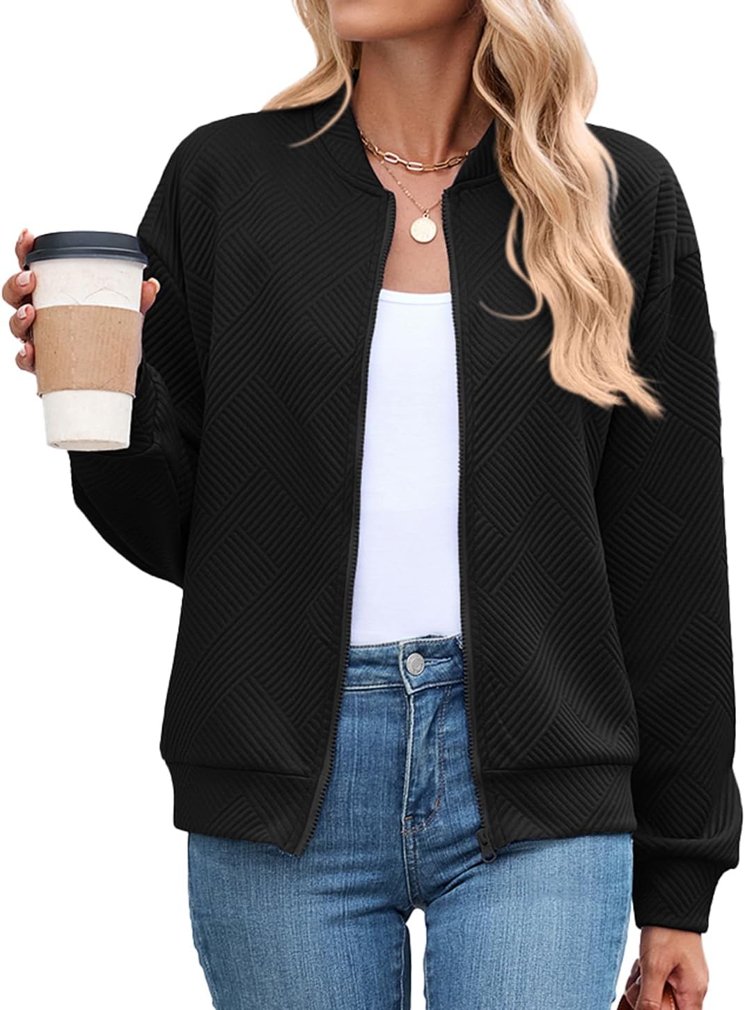 Womens Bomber Jacket Zip Up Textured Casual Lightweight Trendy Outerwear 2026 Spring Varsity Jackets