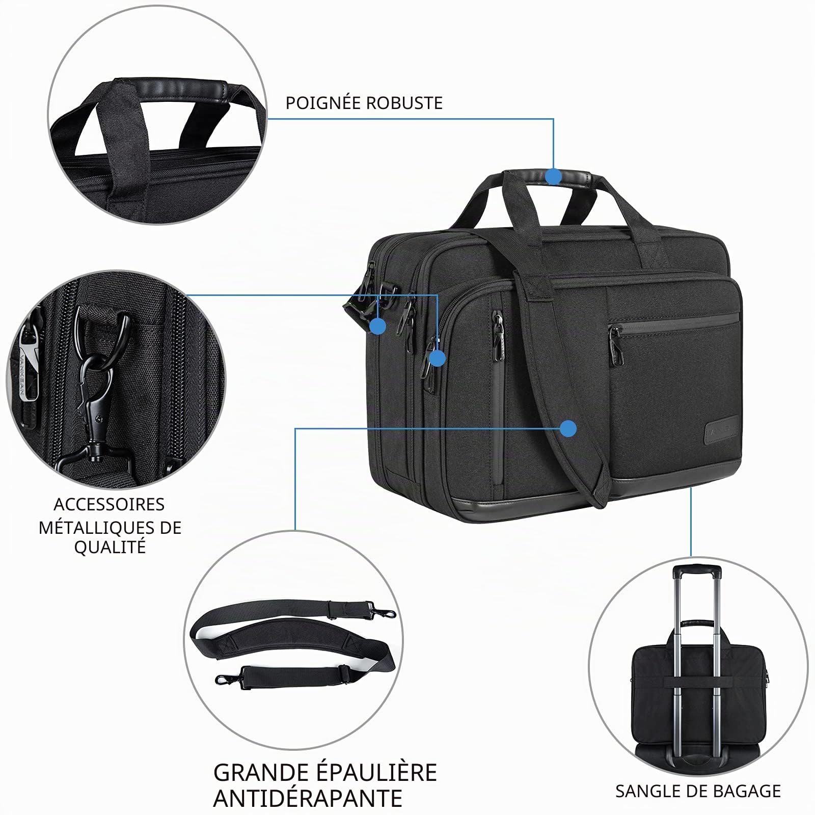 VANKEAN Porte-documents pour ordinateur portable 17.3 pouces hommes et femmes, sac à bandoulière de qualité supérieure, hydrofuge avec poche RFID, sac messager extensible