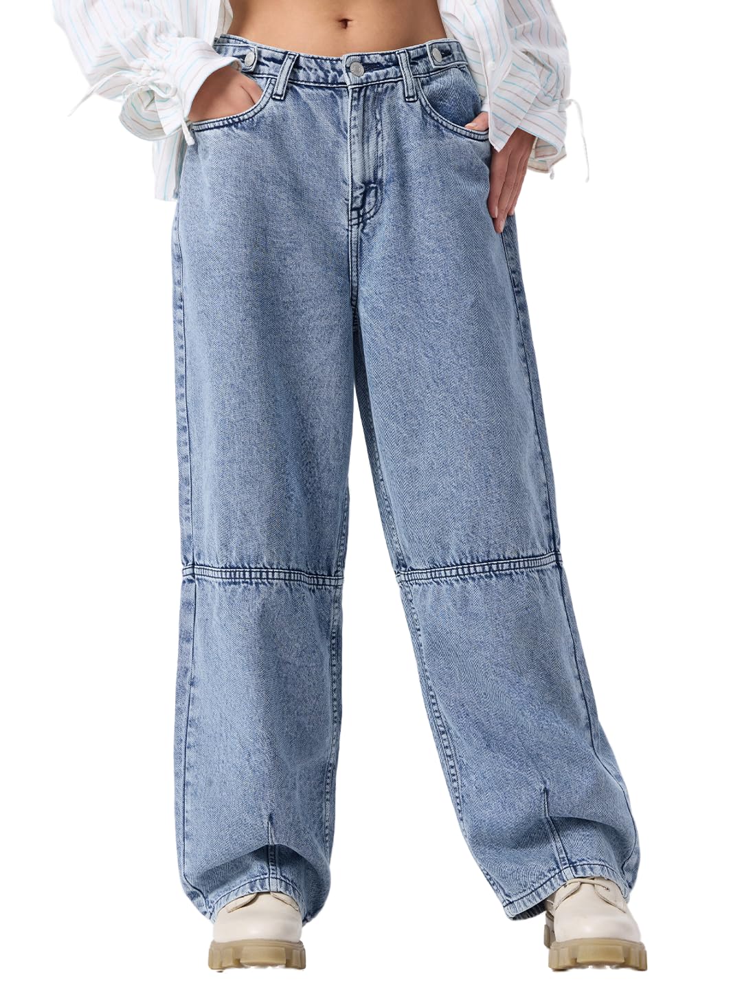 the souled store Barrel-Fit Denim: Trixie Women Girls Buttoned Waistband Light Blue Washed Cotton Denim Sustainable Everyday Streetwear Loose Fit Jeans-picture-33