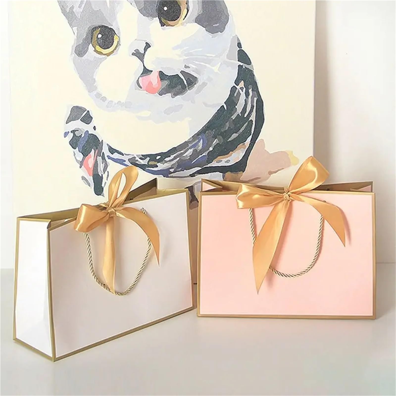 Bolsas de papel for regalo con lazo, 15 unidades, multicolor, portátiles, asas for ropa, prácticas y reutilizables para Envolver Regalos(Gold-Pink,43x32x14cm)
