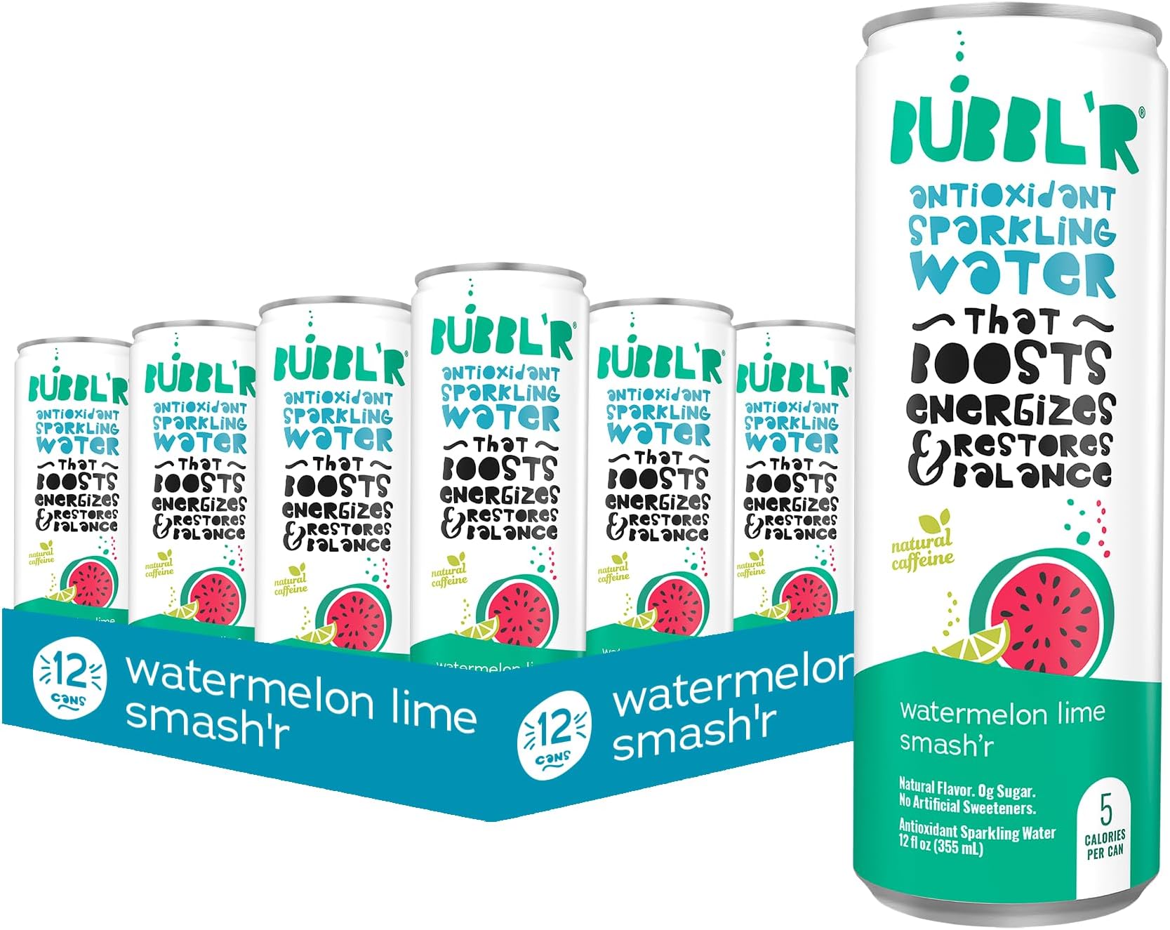 - BUBBLโR watermelon lime smashโr, Antioxidant Sparkling Water with Natural Caffeine, 0g Sugar, Gluten Free, All Natural Flavors, 12 Fl Oz Cans, 12 Count