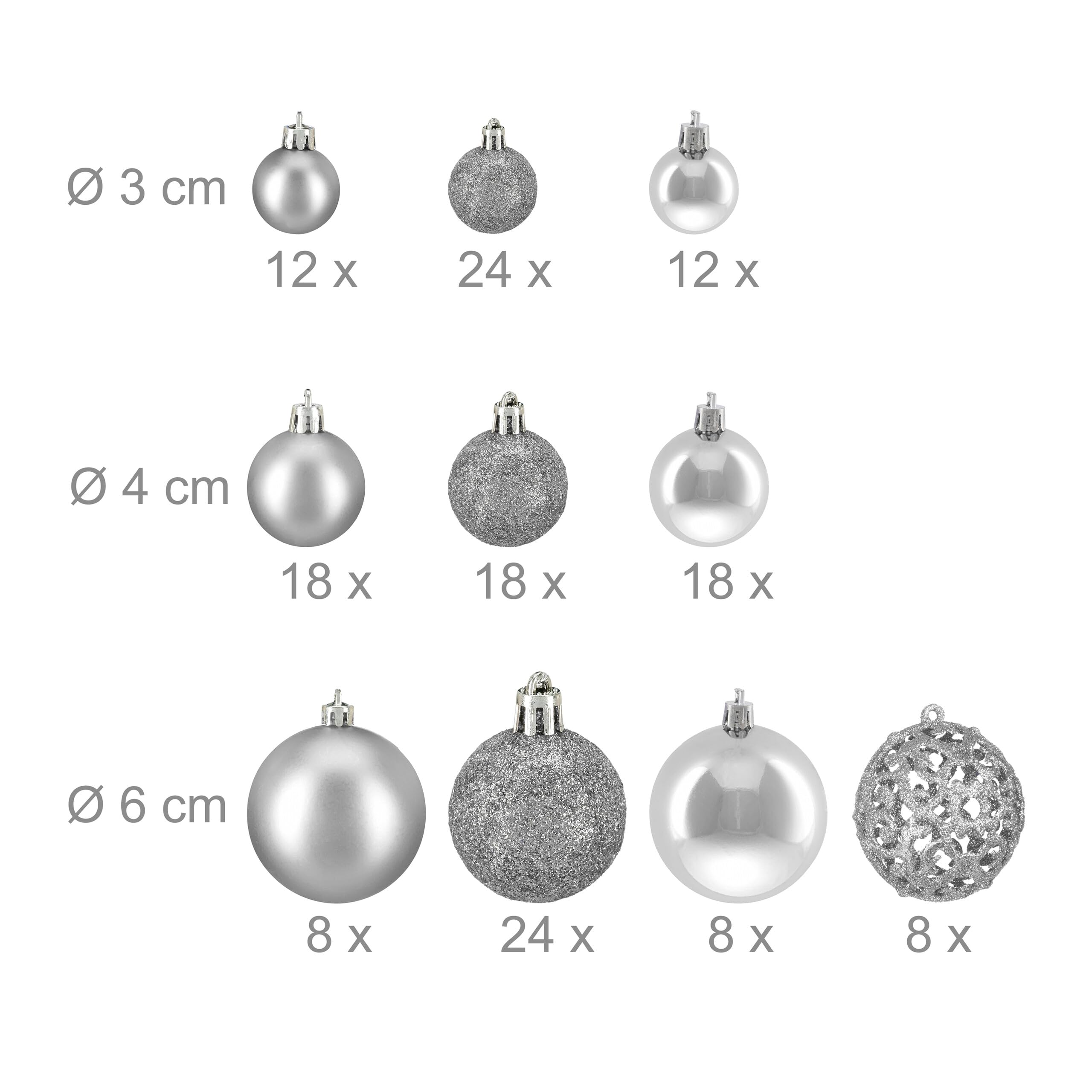 Relaxdays 150x Boules de Noël, Paillettes, Mates, Brillantes, déco Sapin, Plastique, diamètre 3, 4 et 6 cm, argentées
