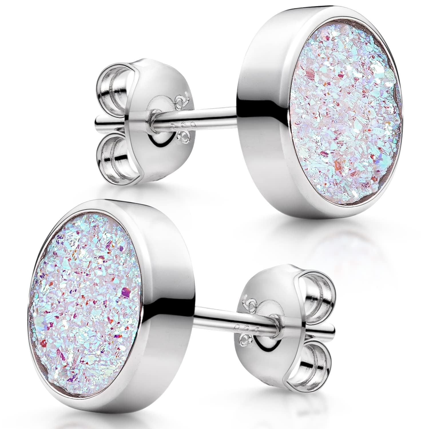 Druzy SO-74 - Pendientes de cuarzo para mujer, con piedras preciosas, redondas, plata 925, 9 mm, Plata de ley, ópalo, cuarzo