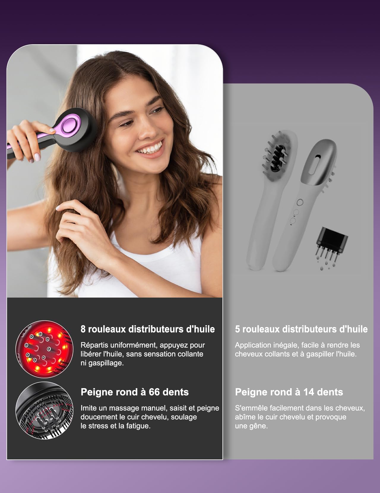 EMS Comb Brosse de massage électrique 2 en 1 pour cuir chevelu | 66 dents de massage, 8 dents de conduction d'huile, 1400 mAh, Portable, 3 niveaux de massage