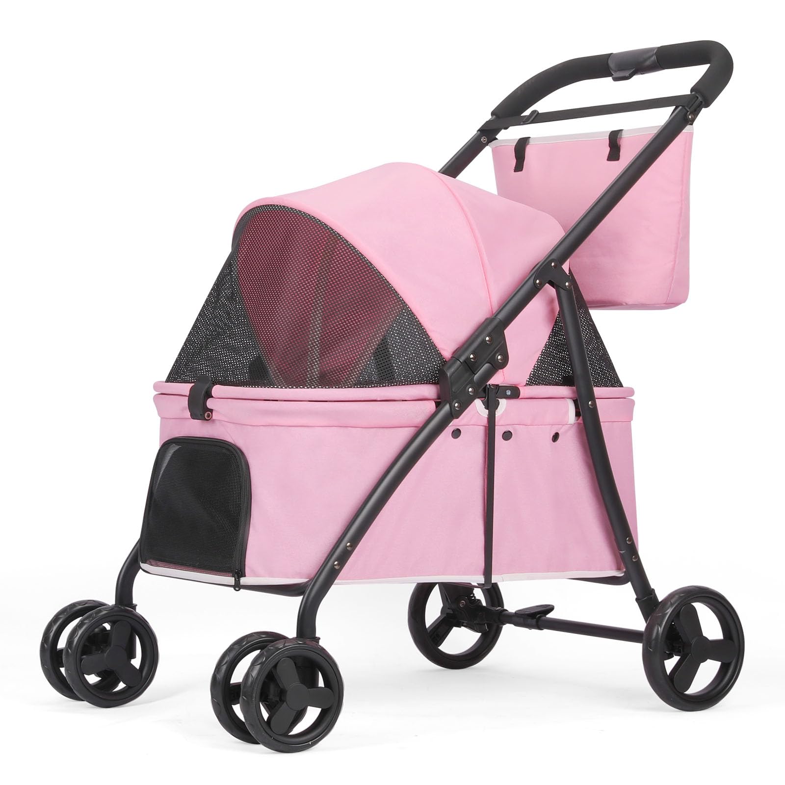 AESRAOU Dog Travel Stroller with 4 Heavy Duty Wheels, Foldable Pet Stroller with Adjustable Handle, Double Capacity for Dogs, Jogger Wagon with Front Back Door for Small (Pink)