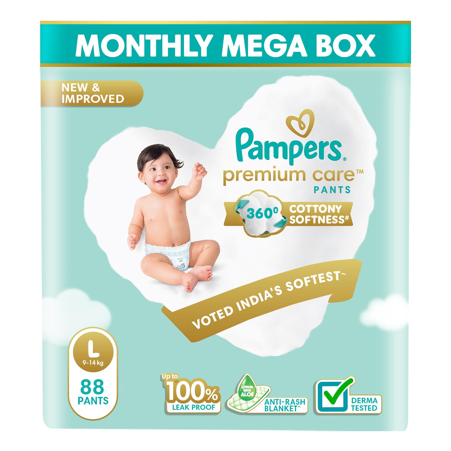 Pampers Premium Care Pants Diapers Monthly Box Pack, Large, 88 Count