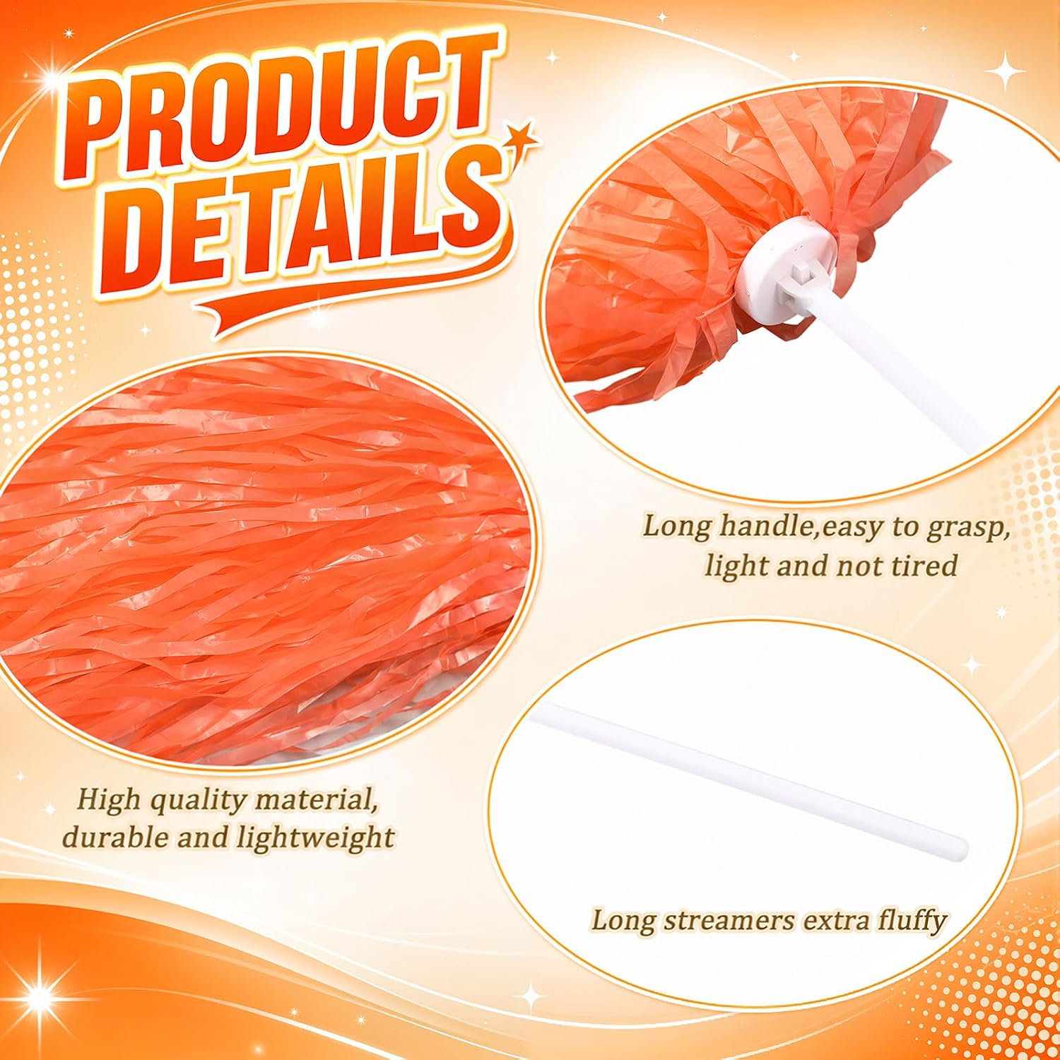 Vinsot 20 Pcs Orange Cheerleading Pom Poms Bulk Plastic Pom Poms with Plastic Long Handles School Spirit Shakers for Spirit Sports Team Squad Dance Football Basketball Club Celebration image 3