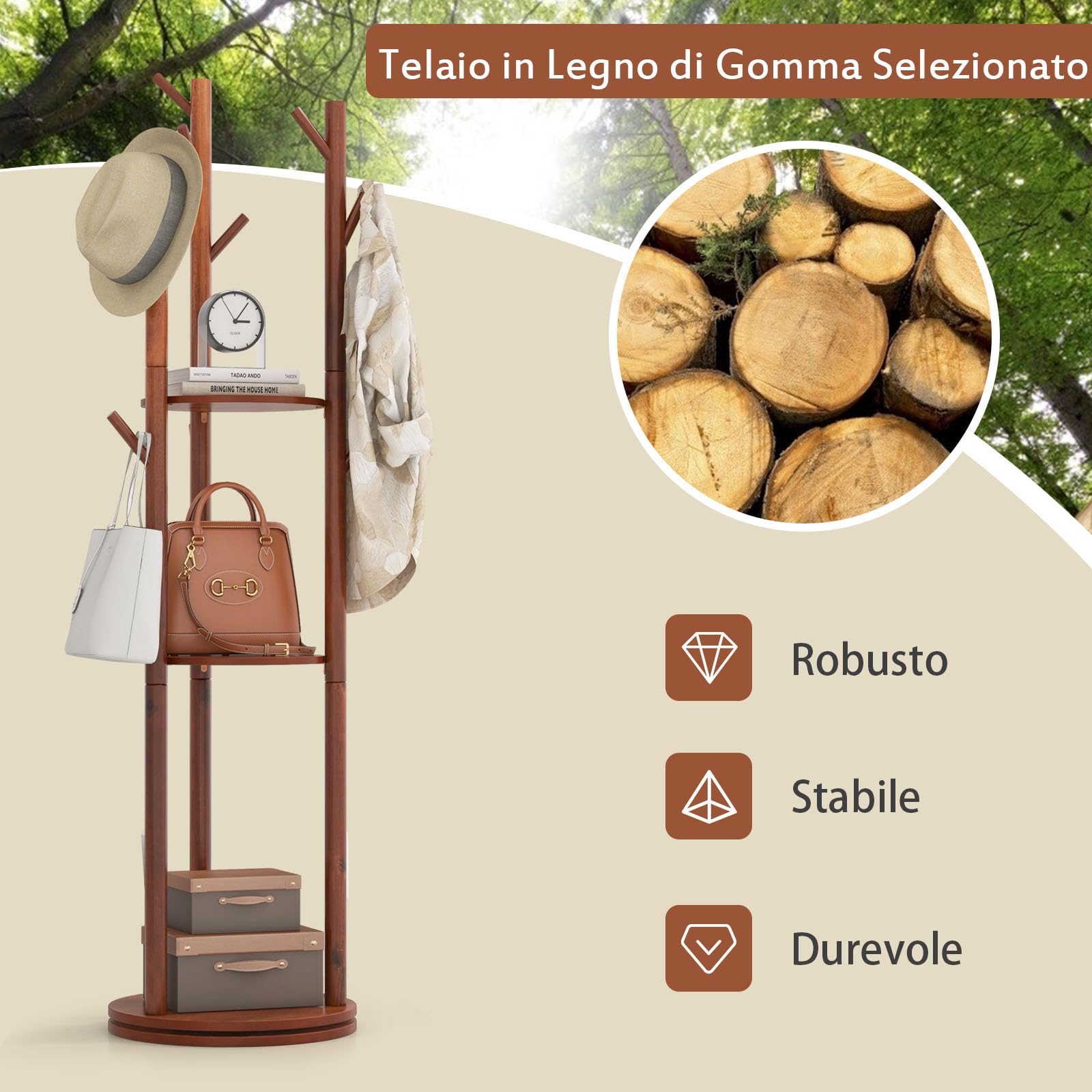 GYMAX Appendiabiti da Terra in Legno, Attaccapanni da Terra Girevole 360° con 9 Ganci e 3 Ripiani, Appendiabiti 167 cm per Ingresso, Camera da Letto, Soggiorno