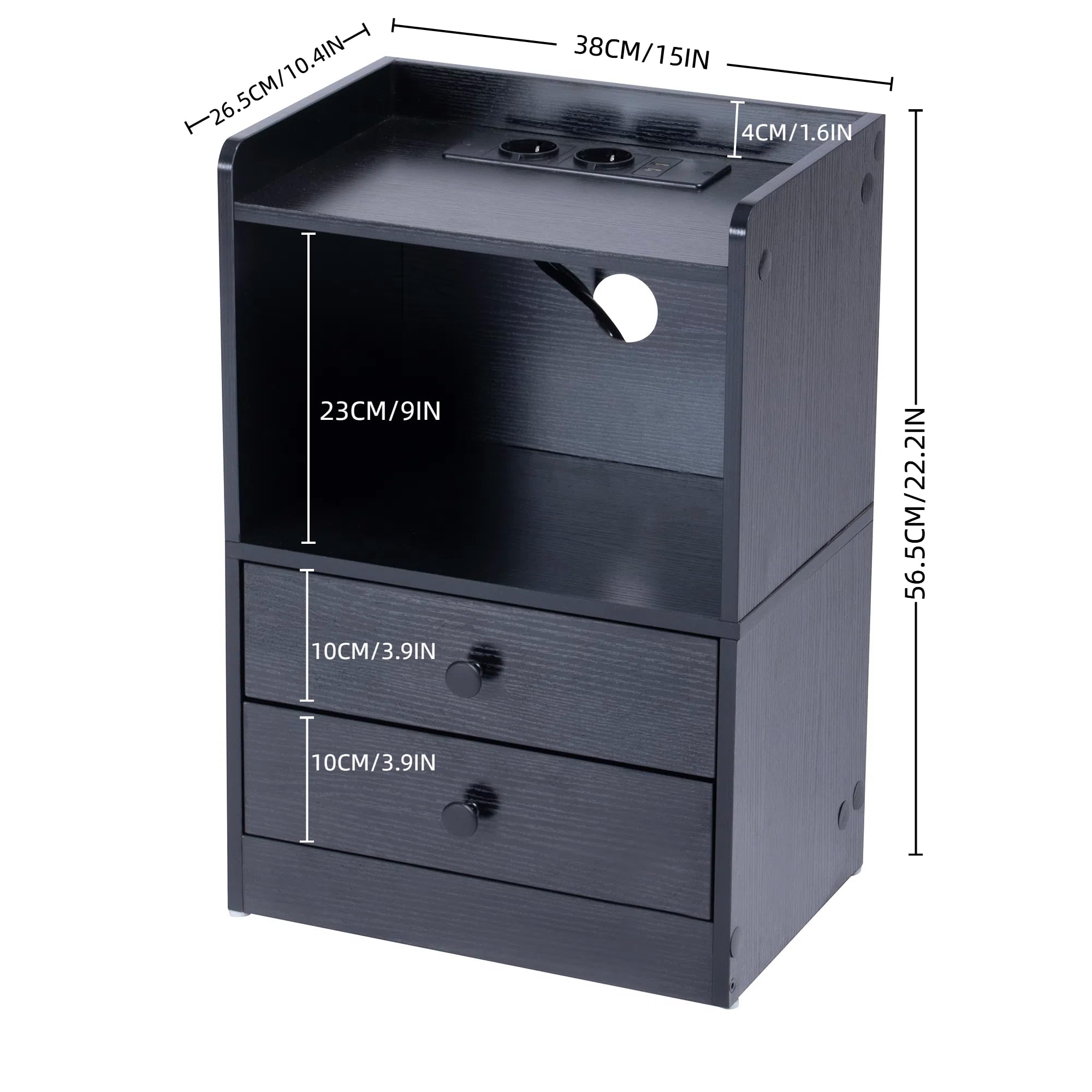 FurnitureR Table de Nuit avec Eclairage LED, Eclairage Ambiant Multicolore, Rangement à Deux Tiroirs, Armoire Compacte pour Chambre à Coucher avec Station de Chargement USB, MDF Noir, 38 x 26 x 56cm
