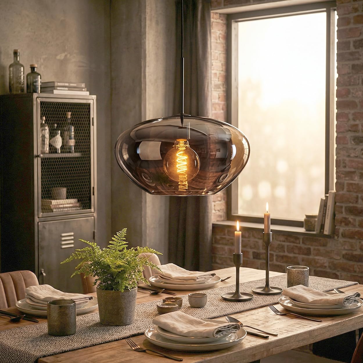 HOFSTEIN Hängeleuchte Mertola, 1-flammige Hängelampe aus Metall/Glas in Schwarz/Rauchfarben, moderne Pendelleuchte im Retro/Vintage-Design, Ø 35 cm, E27, Esszimmer, Küche, Wohnzimmer