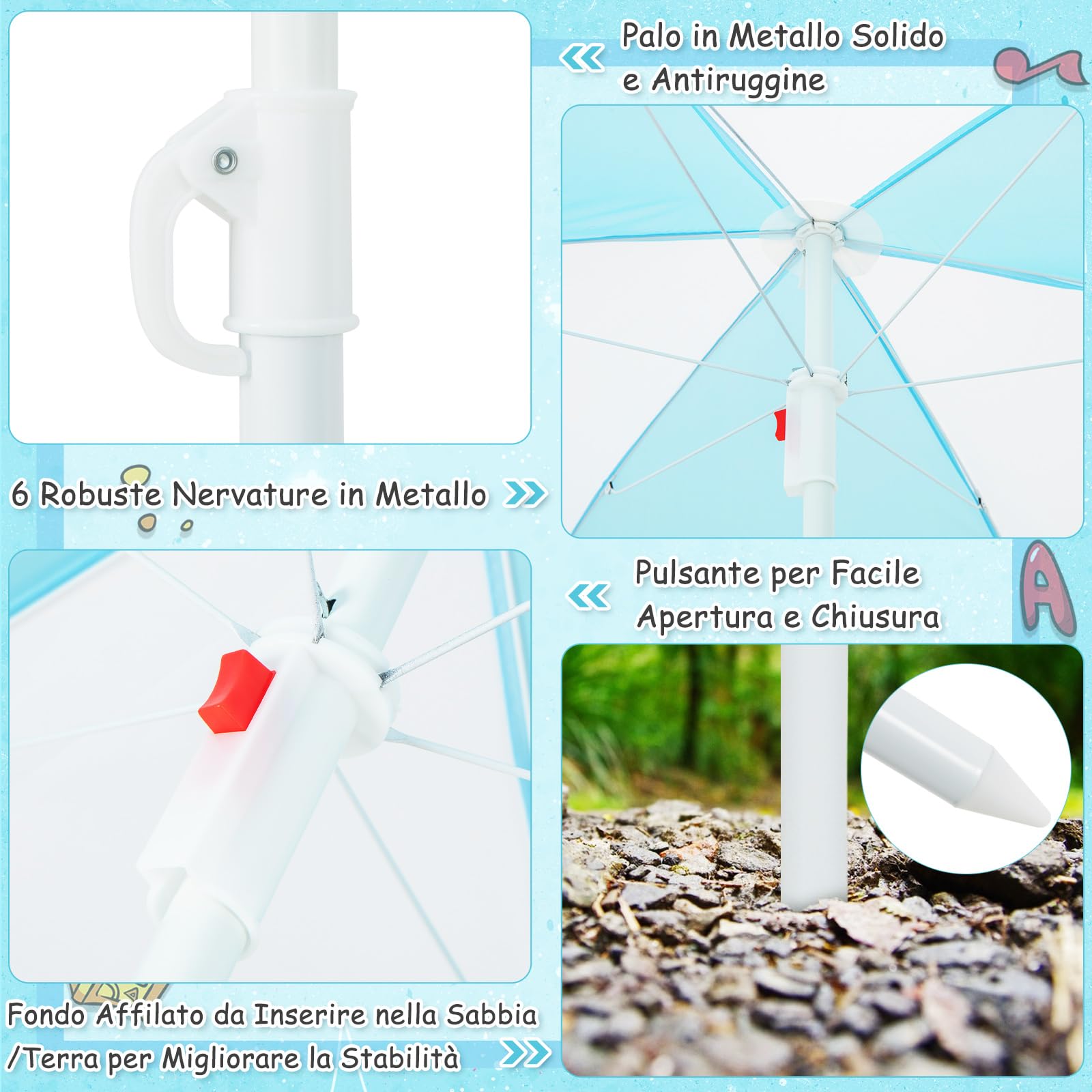 COSTWAY Set Tavolo e Sedie per Bambini da Giardino 3 in 1, con Ombrellone Rimovibile e Regolabile, Piano Rimovibile, Tavolo con Panche in Legno per Bambini da Interno Esterno (Blu e Bianco)