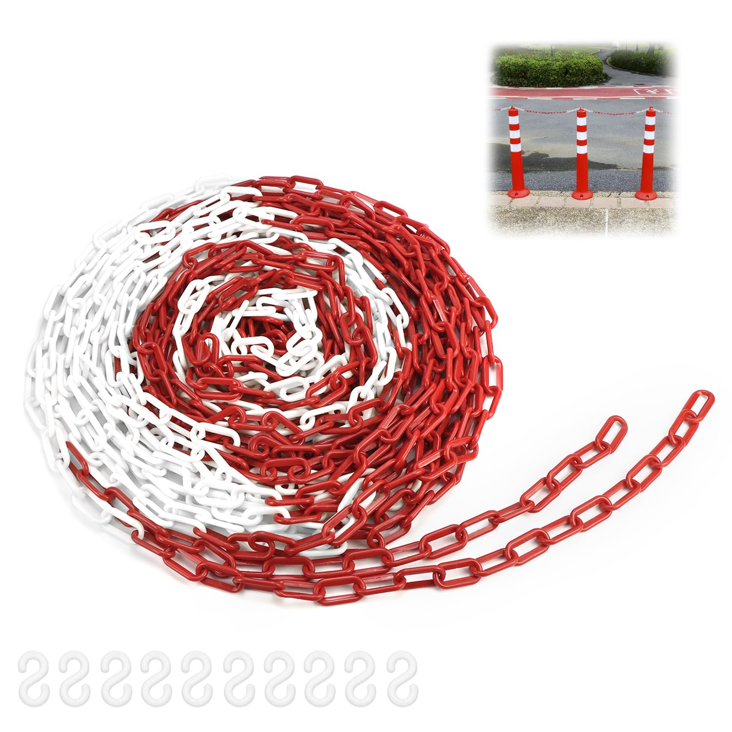 QWORK Cadena barrera de plástico 8mm 25M rojo blanco para aparcamientos