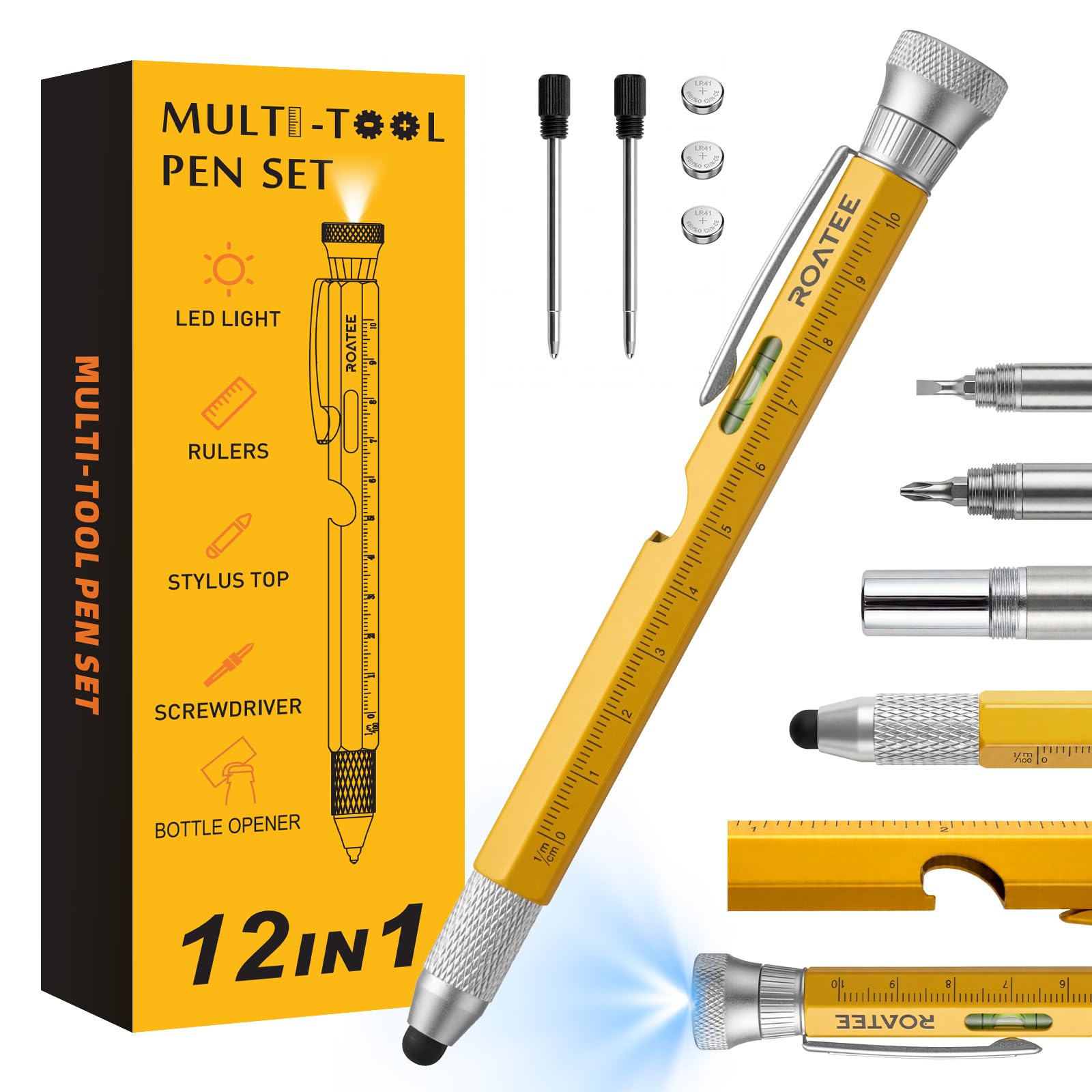 ROATEE 12 in 1 Multitool Pen for Men,Fathers Day Birthday Gift for Dad Husband (Yellow)