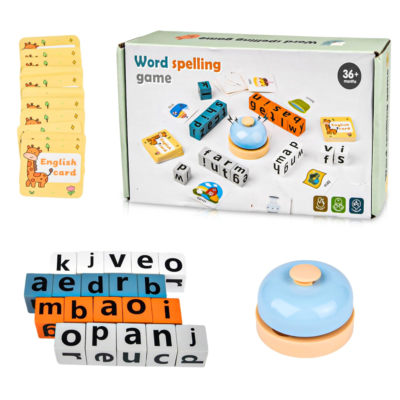 Word Spelling Game, Alphabet Puzzle Set, Turn A Word Game with Bell, Educational Word Games, 64 Sight Words Flash Cards & 20 Wooden Alphabet Blocks for Early Learning,Preschool,Classroom