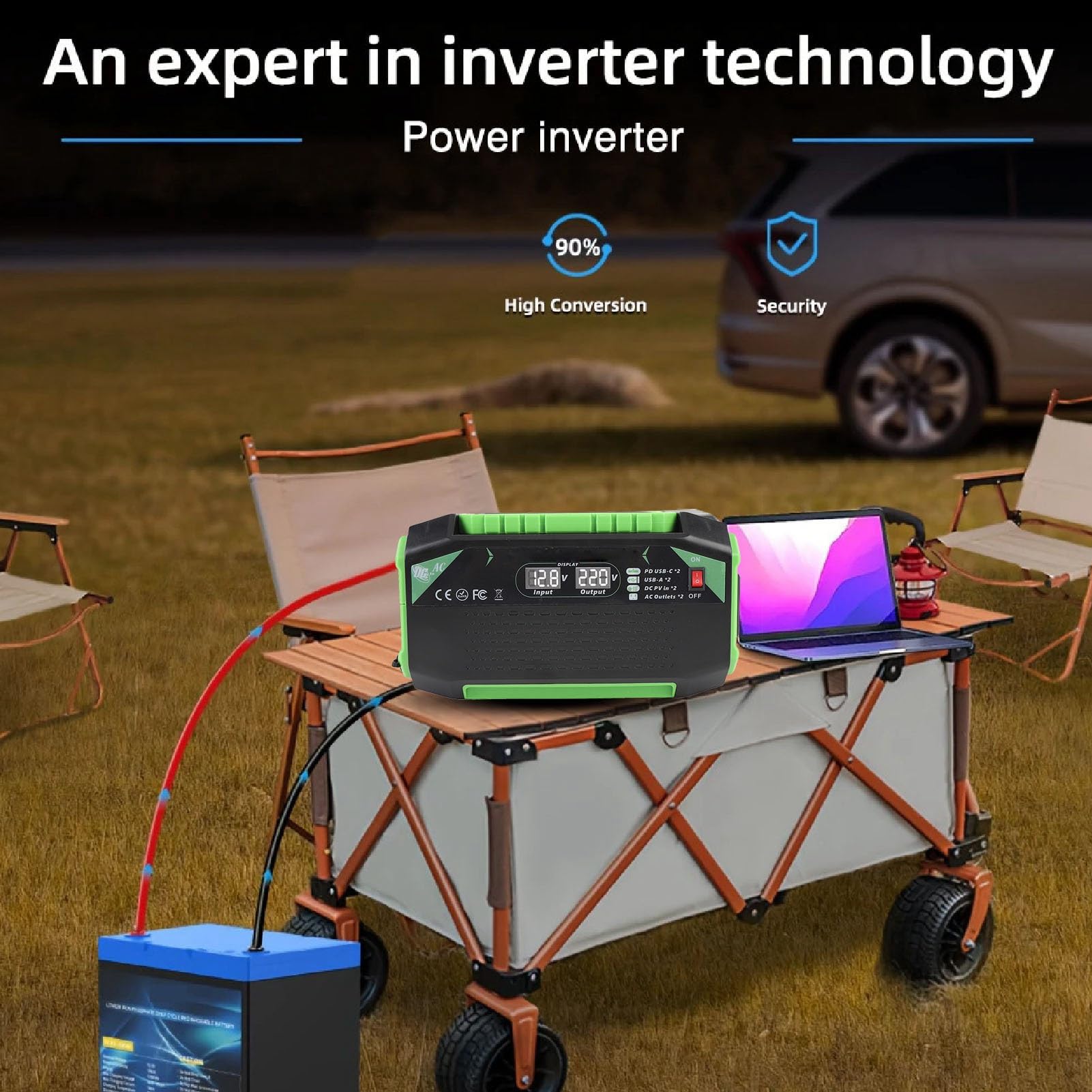 Ejoyous Inversor de Corriente para Automóvil 600W ABS DC 12V A AC 220V Inversor de Corriente para Vehículo con 2 Enchufes 2 USB A USB C Pantalla de Voltaje Carga Rápida para Viajes en Automóvil