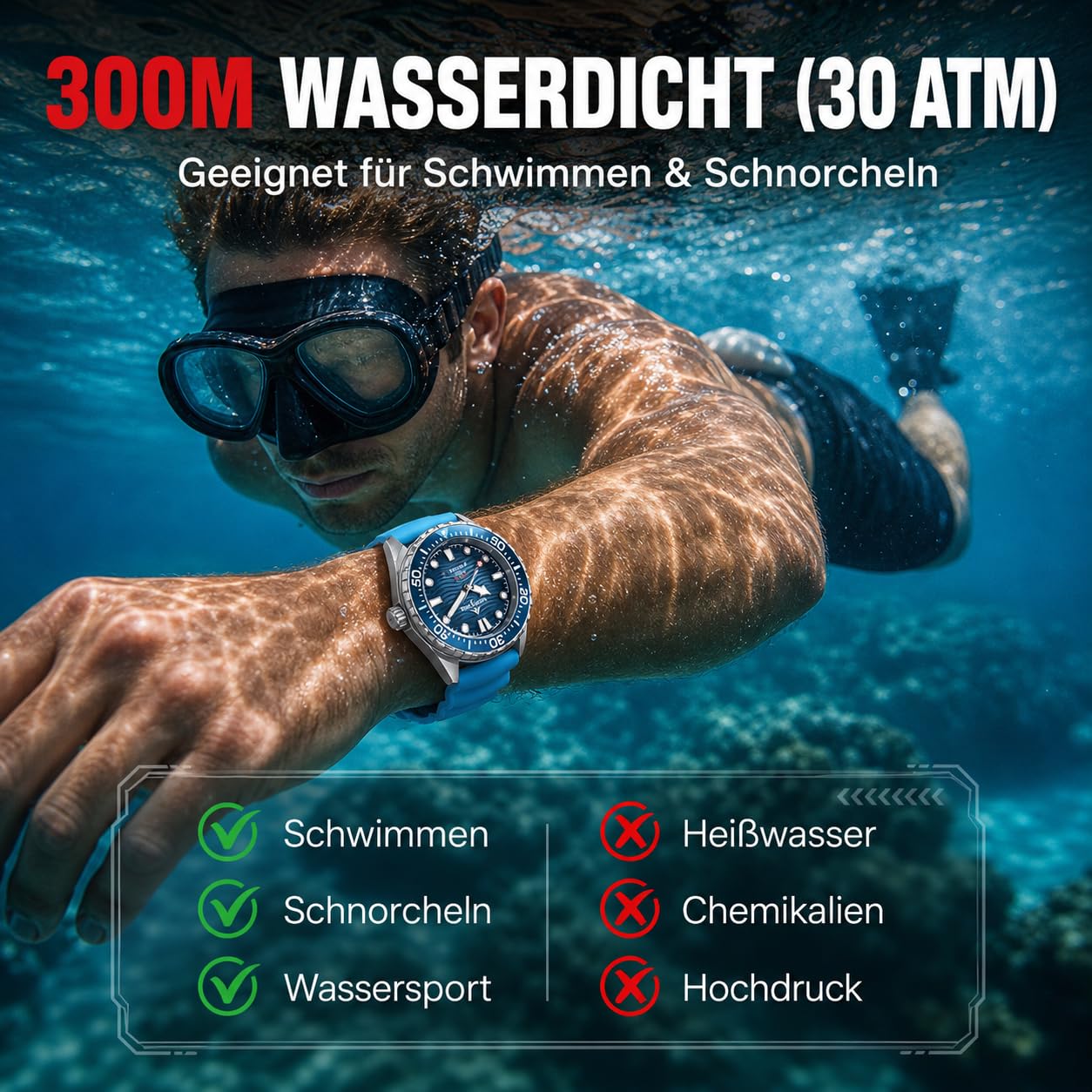 NORTH EDGE Triton Herren Solar Taucheruhr, 300 m wasserdicht, Quarz Armbanduhr mit Leuchtzeigern, drehbarer Lünette, verschraubter Krone, Outdoor Dive Watch