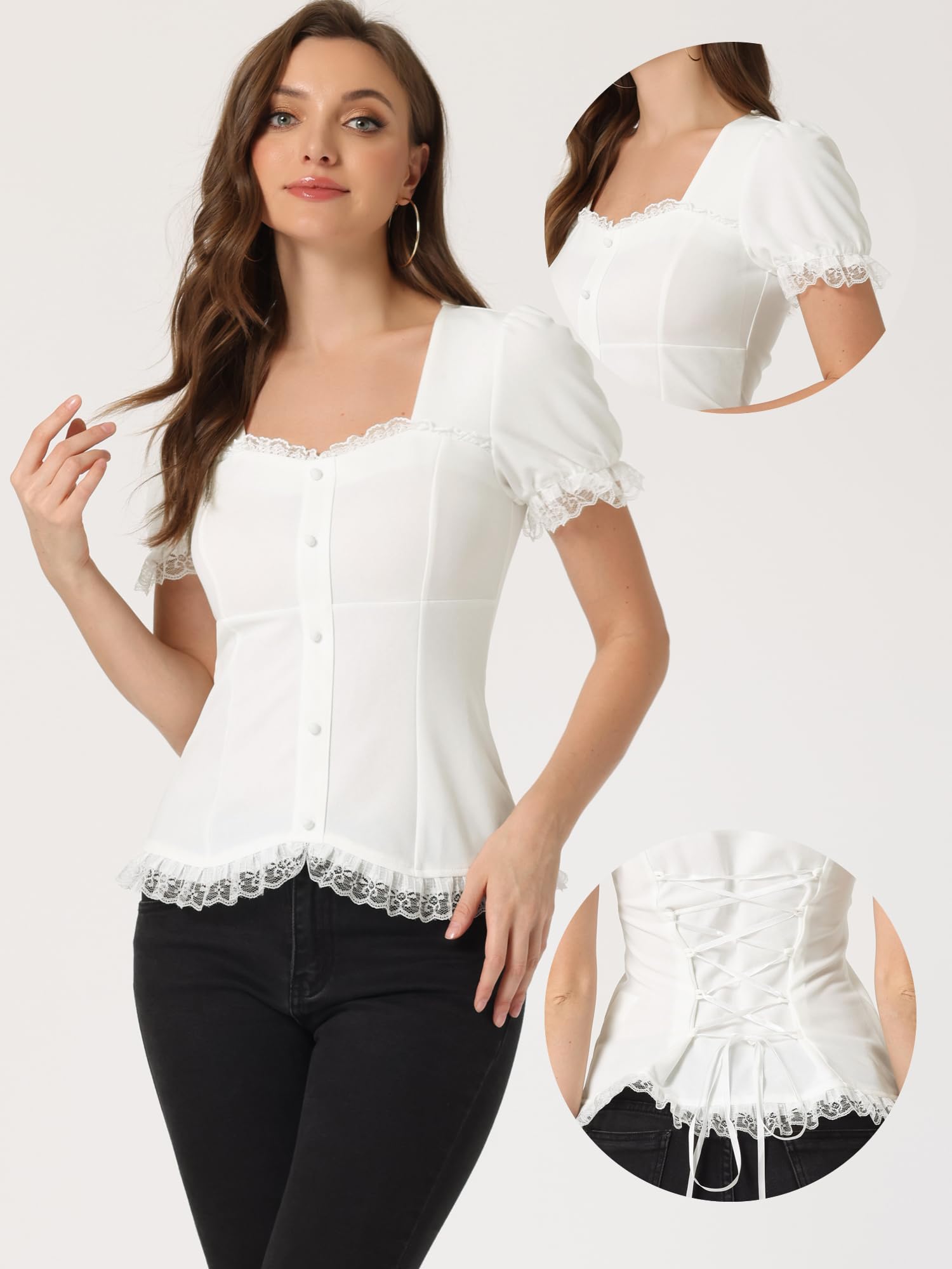 Allegra K Camisa Victoriana para Mujer con Cuello en Forma de Corazón Y Manga Corta con Cordones Y Blusa Gótica