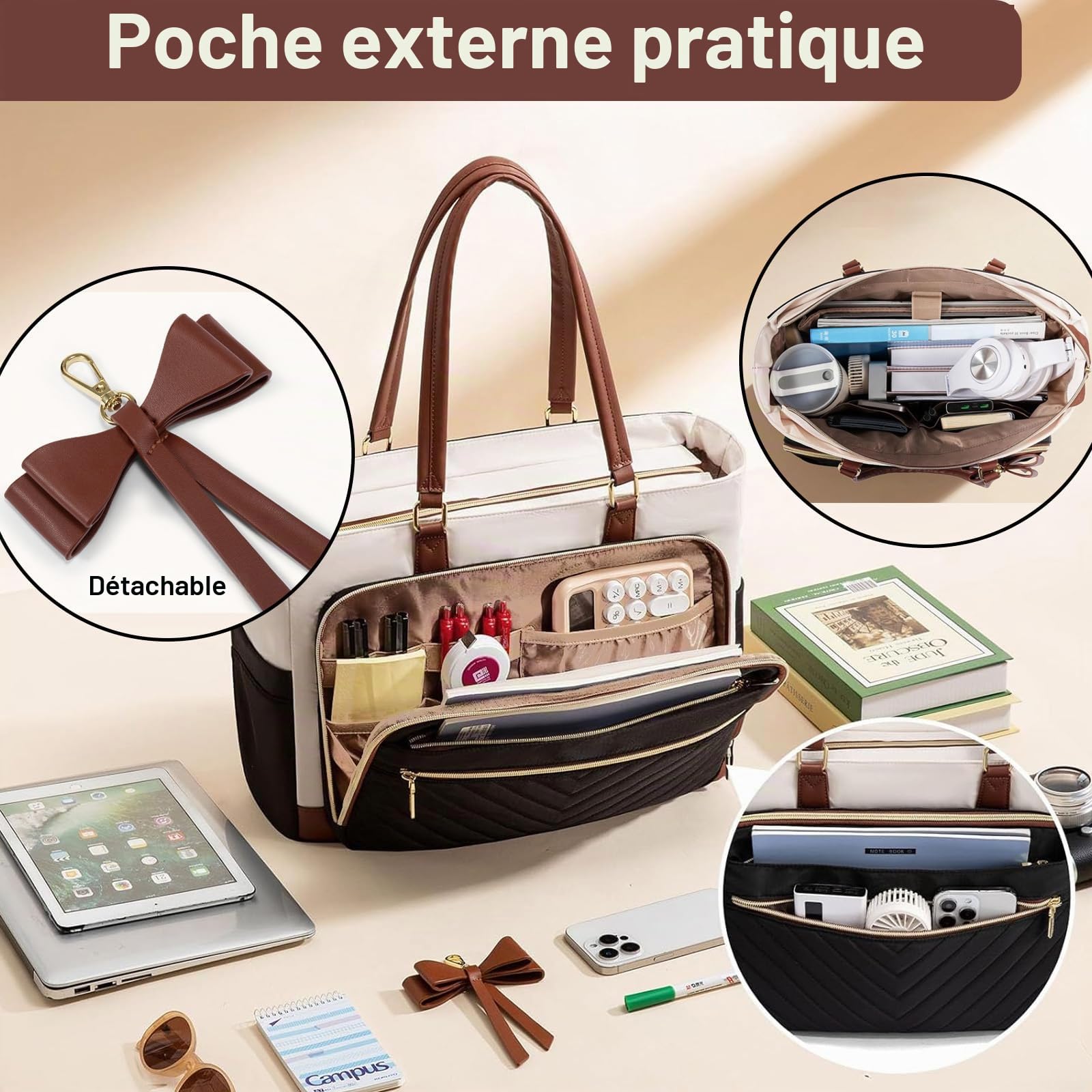 Sac Ordinateur Portable Femme avec Boîte à Déjeuner, Grand Sacs a Main Bandoulière de Courses et Cabas, Tote Bag pour Les Cours Lycee, Pour Travail étudiant Université Voyages