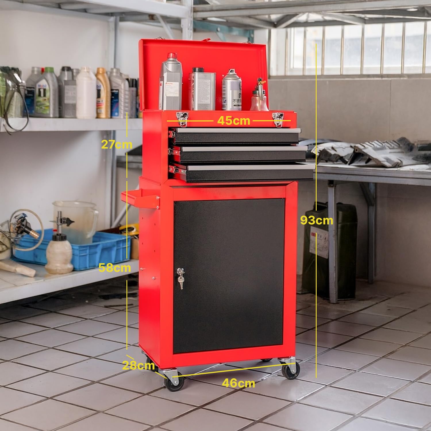 DAIMANN - Carrello Porta Attrezzi Professionale con 3 Cassetti Scorrevoli e Armadietto con Serratura per Garage e Officina, Struttura in Metallo Verniciato Facile da Spostare (Rosso)