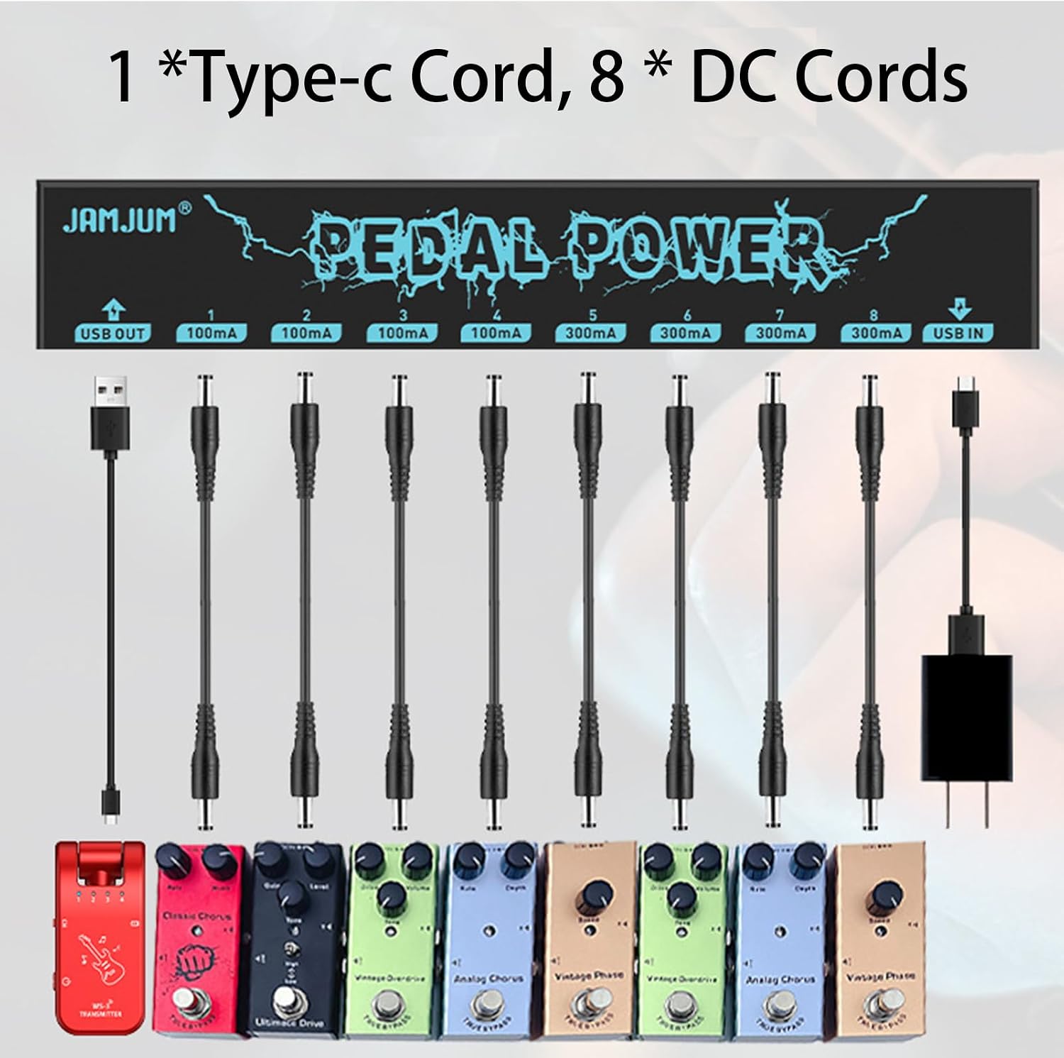 Guitar Pedal Power Supply Portable 8 Isolated, DC 9V Output + 5V USB Output for Bass Effect Pedals 300mA, 1A Cables, Mini Guitar Pedal Power (Black)