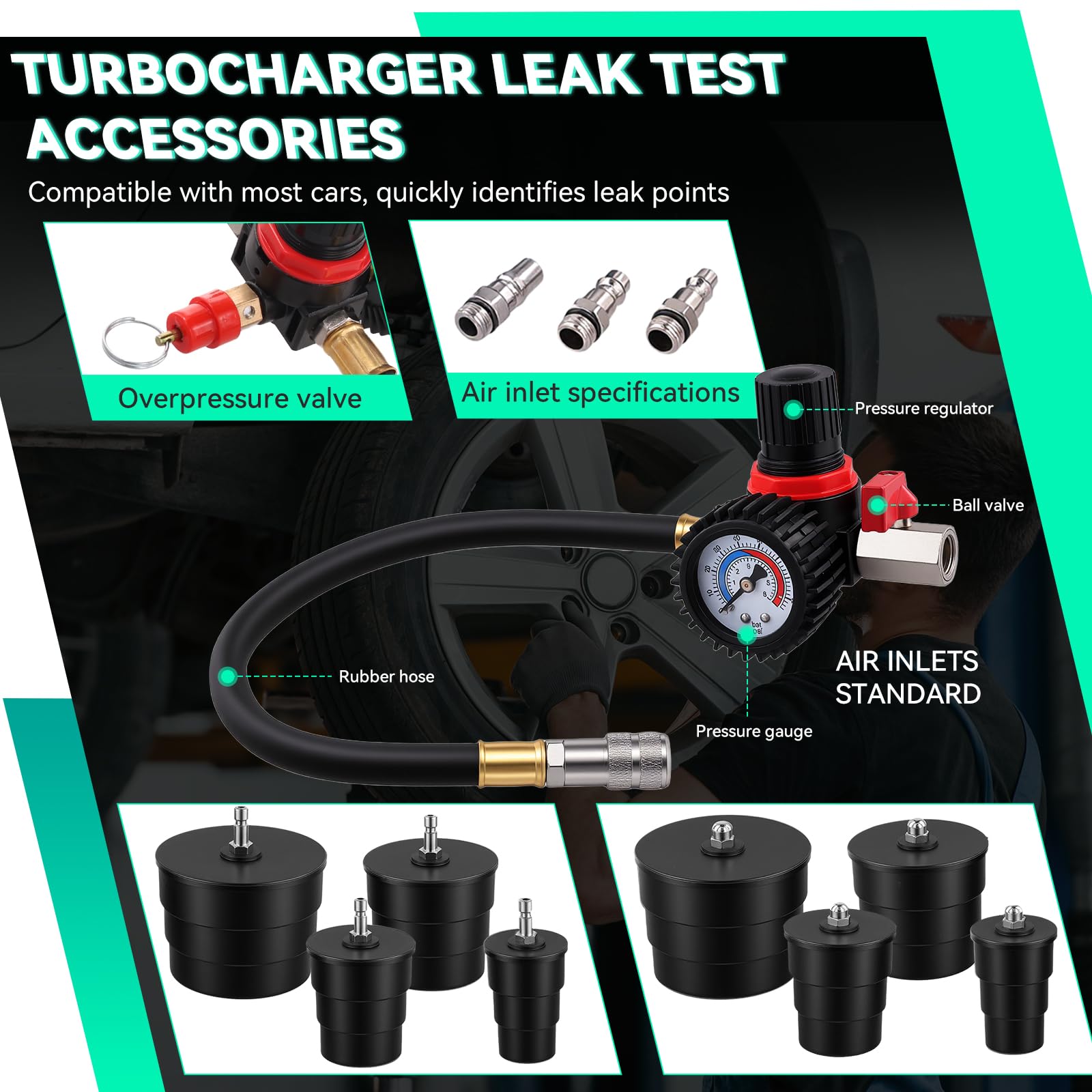 OiLiehu Tester di Tenuta Turbocompressore con 4 Adattatori - Kit Prova Pressione per Intercooler, Tubazioni Aria e Sistema Sovralimentazione Auto - Adattatori per Tubi da 35 a 89 mm