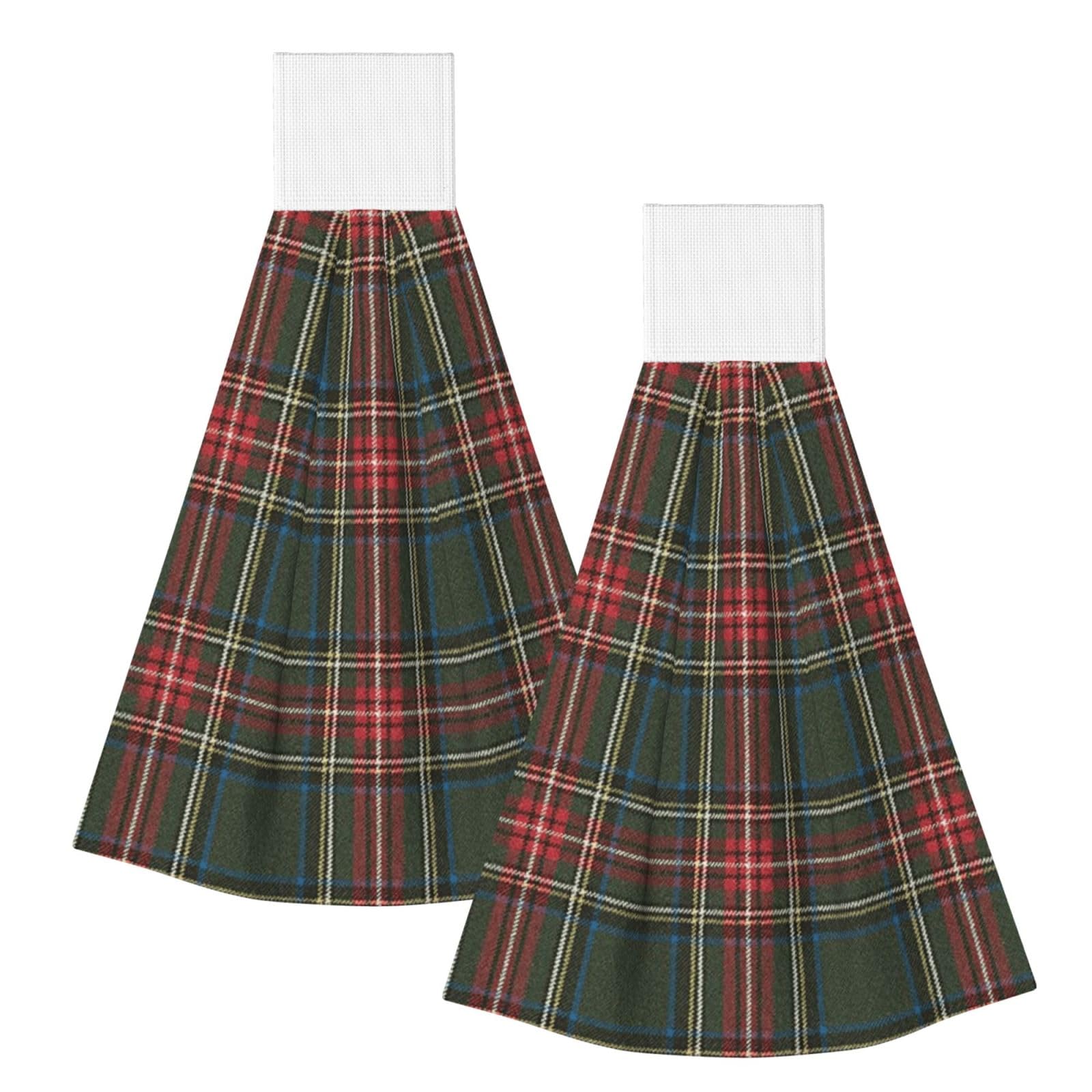 DOPKLNA Green And Red Tartan, 2 Pcs Hanging Coral Fiber Hand Towels for Bathroom, Absorbent Kitchen Towels