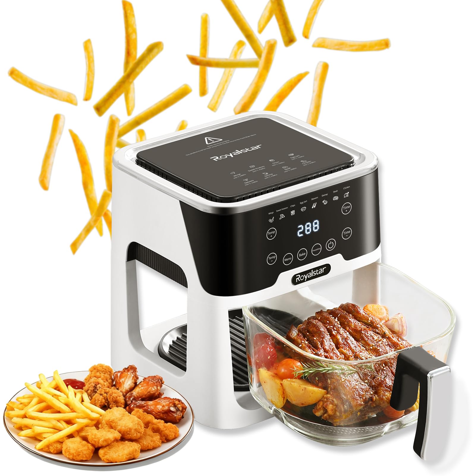 ROYALSTAR Digital Glass Air Fryer Oven,Electronic Touch Control 5.2L 1200W large capacity Hot AirFryer with 8 Presets and Clear Window,for families, dormitories and friends gatherings
