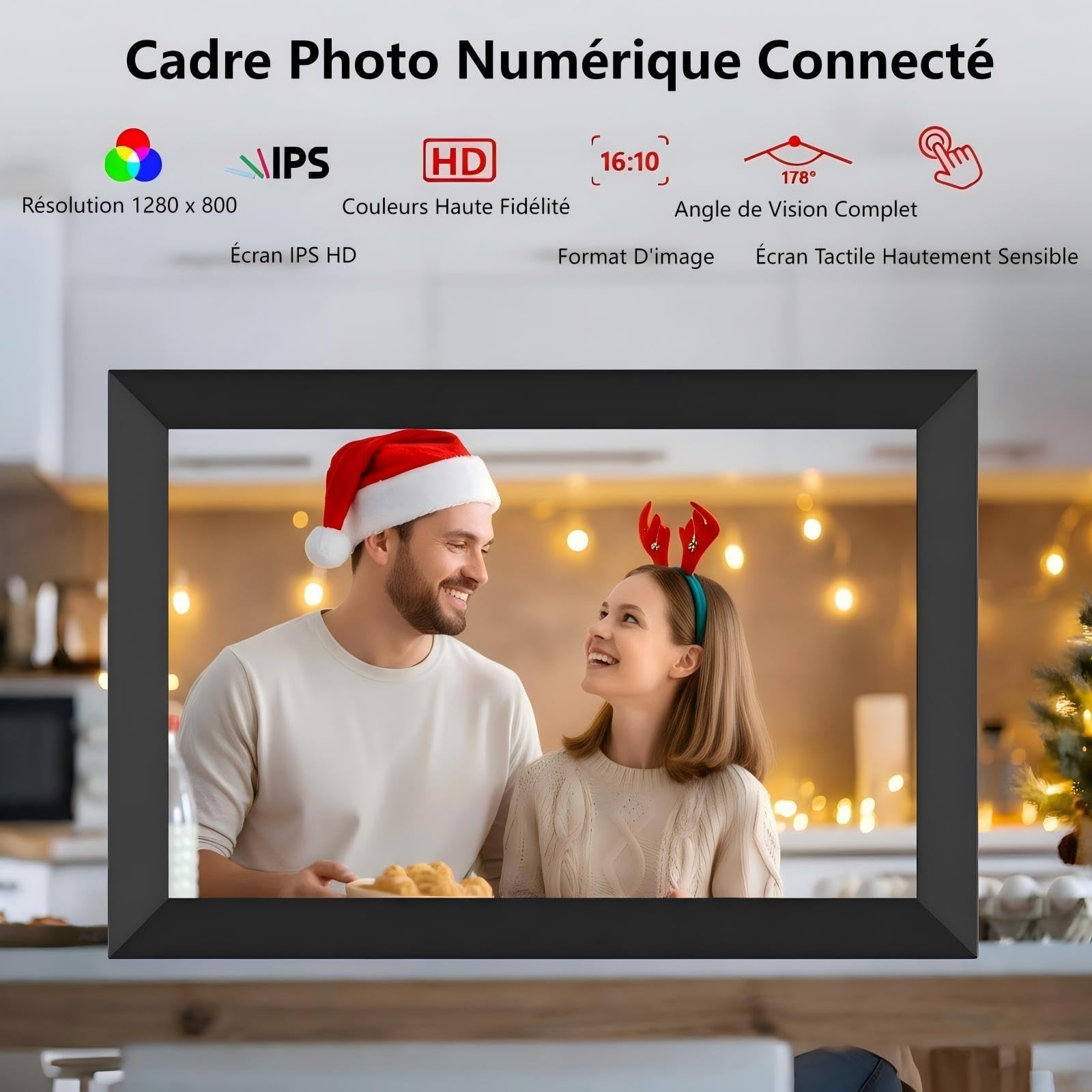 Cadre Photo Numérique WiFi - 10.1 Pouces IPS Écran Tactile Smart Cloud Connecté avec 32Go Espace, Partagez Instantanément des Clips Vidéo et Photos Via l'application Frameo,Rotation