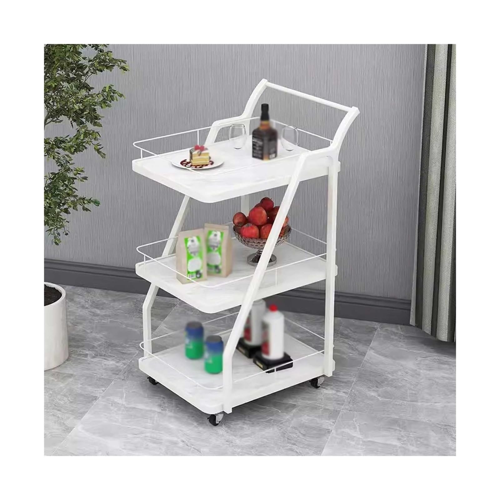 Fzl02068lm White Serving Trolleys Black 3 Tier Bar Carts Rolling Cart, Serving With Handle For Living Room, Kitchen, Dining Organization(White)