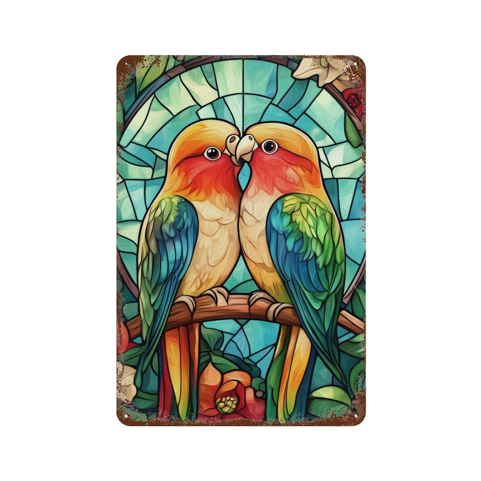Stained Glass Lovebirds Artwork Rustic Tin Plaque 11.8"x7.9", Industrial Home Decor for Pub, Kitchen And Man Cave Decor