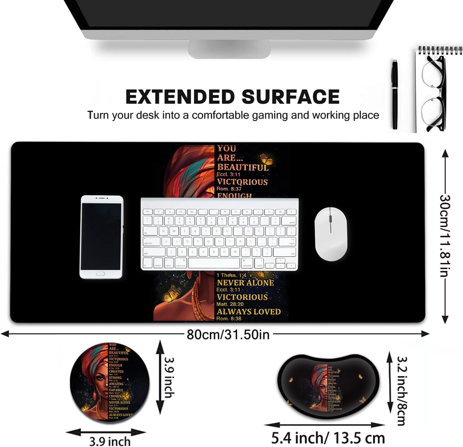 Large Mouse Pad with Mouse Wrist Rest, 31.5x11.8 in Extended Mouse Mat with, Ergonomic Memory Foam Wrist Rest, for Work & Gaming Writing Pad, African American Women Black Girl Office Desk Pad 2