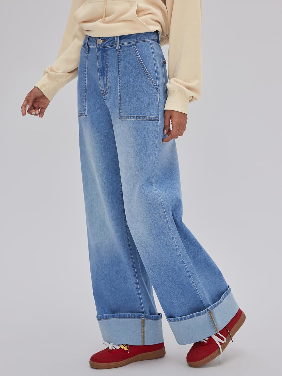 CIDER Cuffed Jeans for Women Wide Leg Jeans with Pockets Baggy Mid Waist Denim Pants Trendy Casual Outfits - Image 4