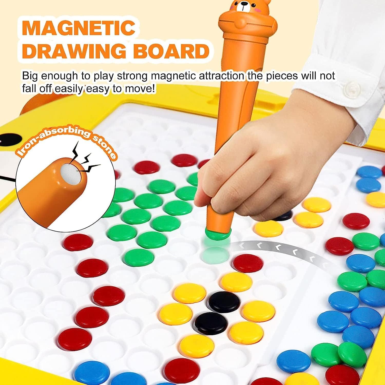 Kidoyz Magnetic Dot Drawing Board Toy for Kids β Montessori Learning Magpad with Stylus & 12 Double-Sided Activity Cards | Educational Magnetic Beads Toy (Color May Vary) (Bear Yellow) 2
