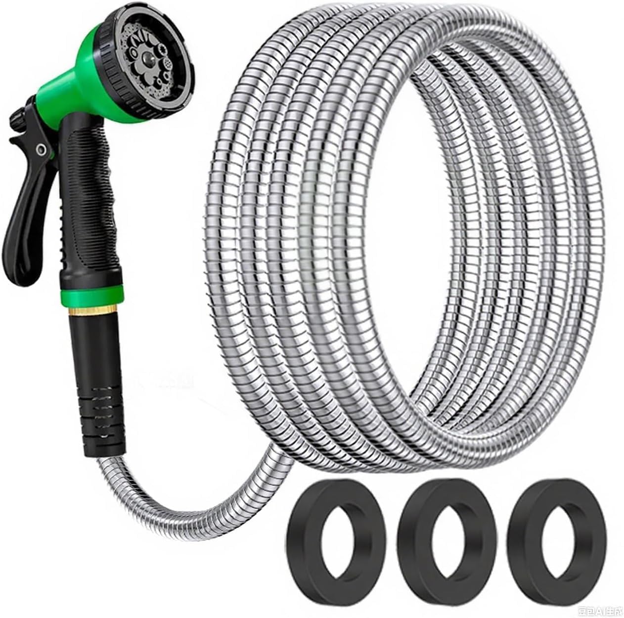 Stainless Steel Garden Hose with Multi-Function Nozzle, Suitable for Car Washing and Lawn Care, Pressure-Resistant, Puncture-Proof and Freeze-Proof (Black and green, 25 feet)