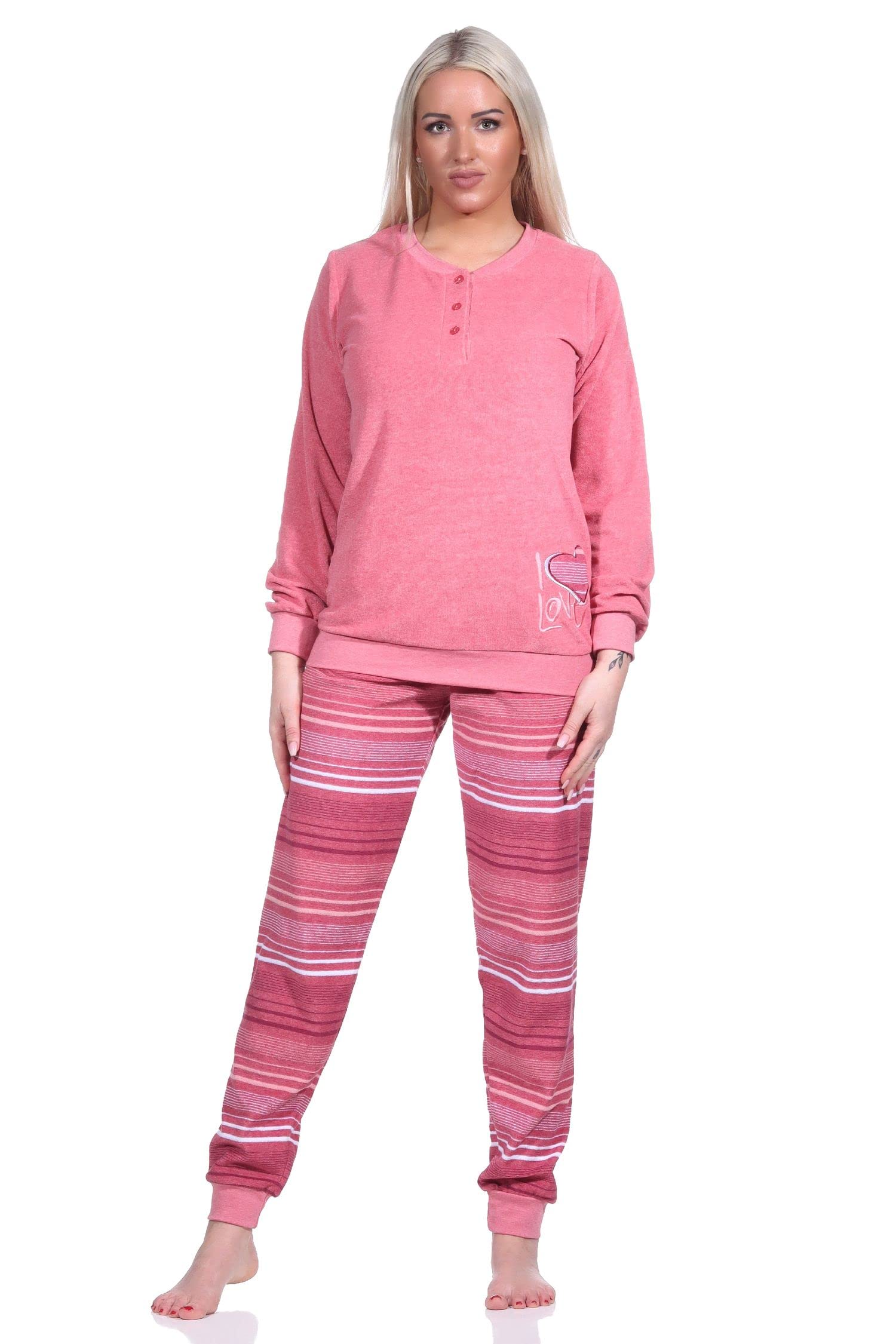 Normann Pigiama Lungo Donna In Spugna - Morbido, Con Motivo Righe E Cristalli Di Ghiaccio, Rosa, Taglia Large - 2