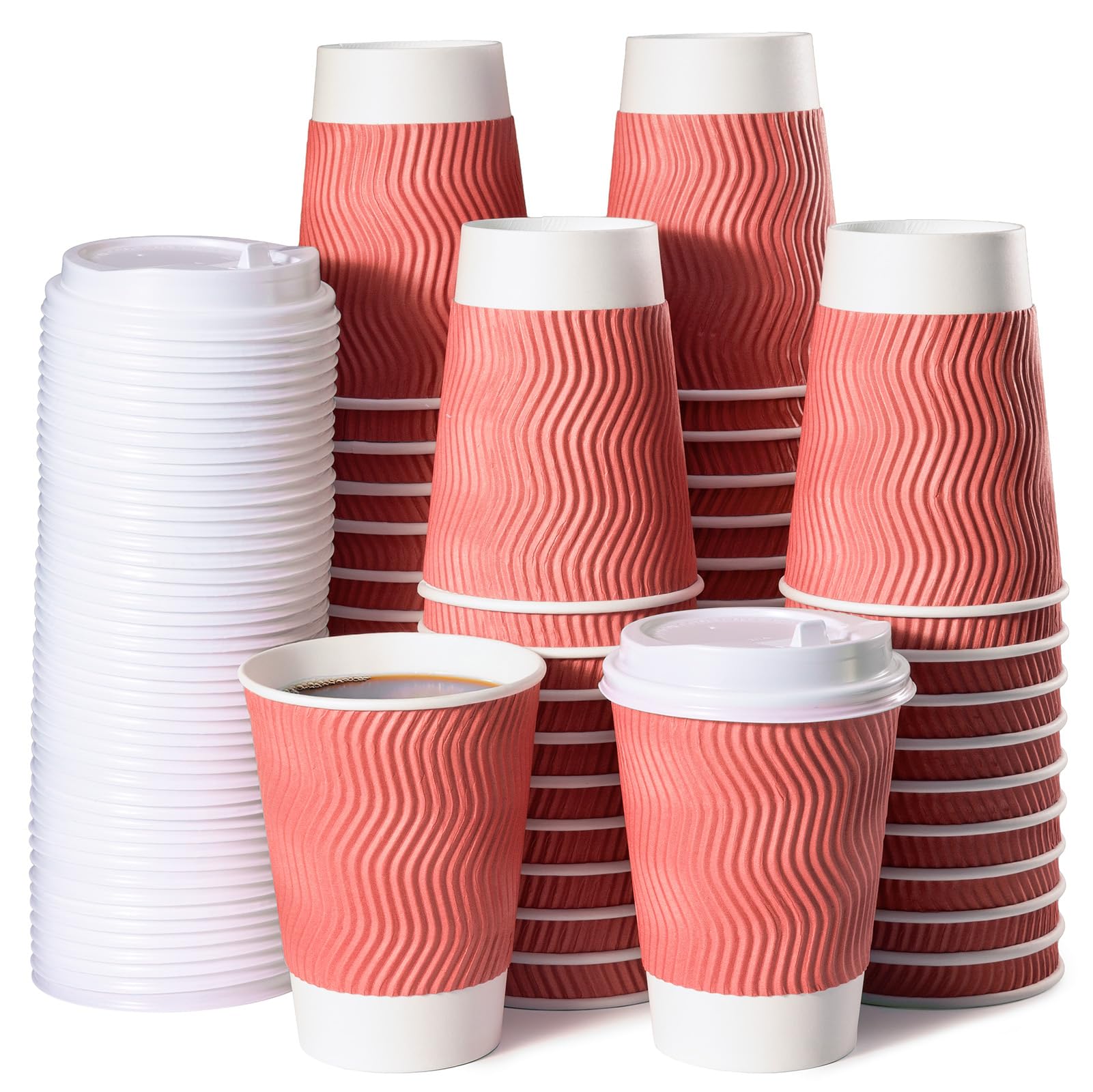 MATICAN Lot de 50 tasses à café en carton ondulé isotherme, jetables, avec couvercles, parois ondulées pour boissons chaudes ou froides, corail, 355 ml