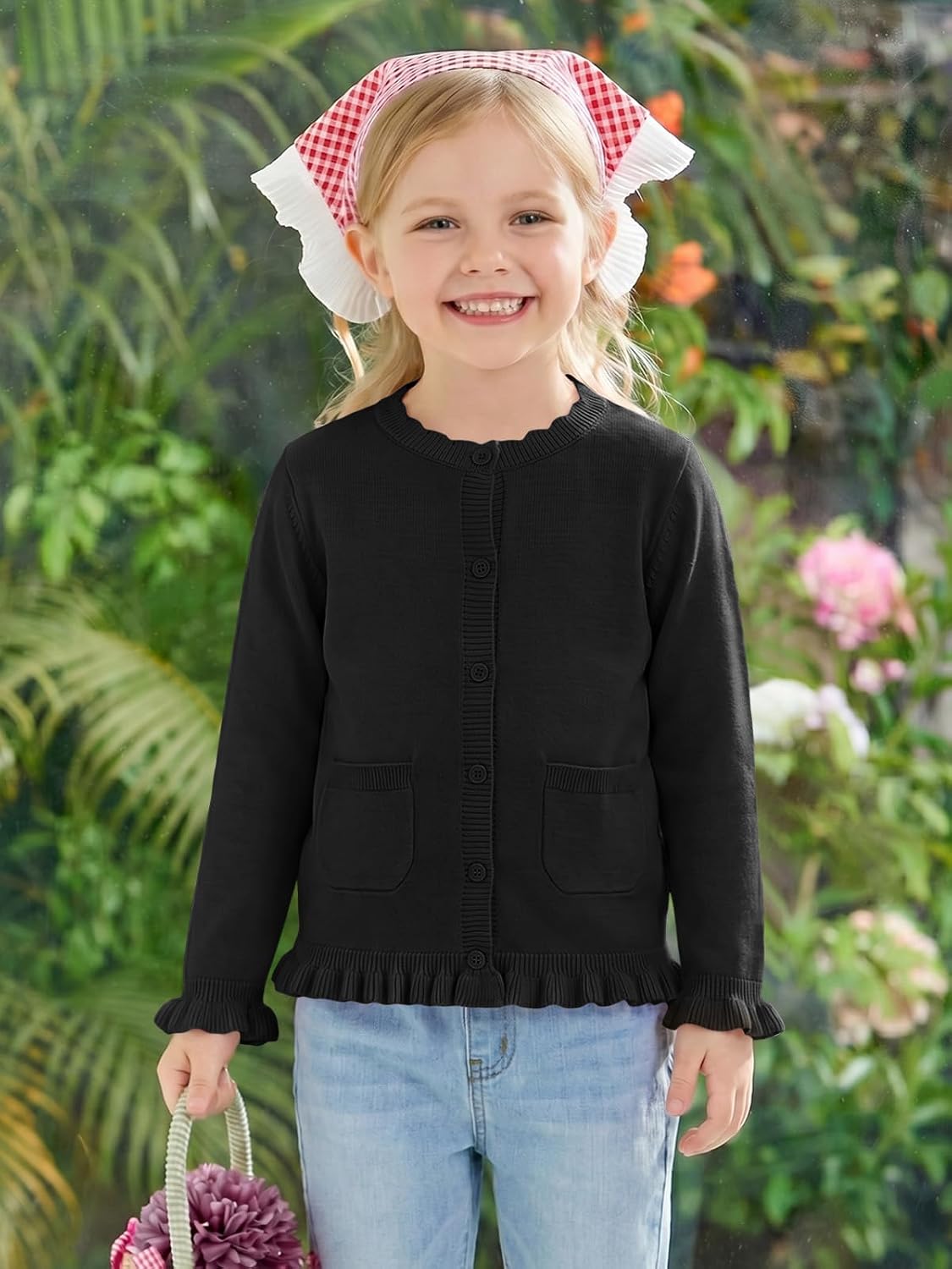Haloumoning Toddler Baby Girl Button Down Ruffle Trim Cute Cardigan Sweater | Little Kids Long Sleeve Knit Sweaters with Pockets, For 9M-8Y