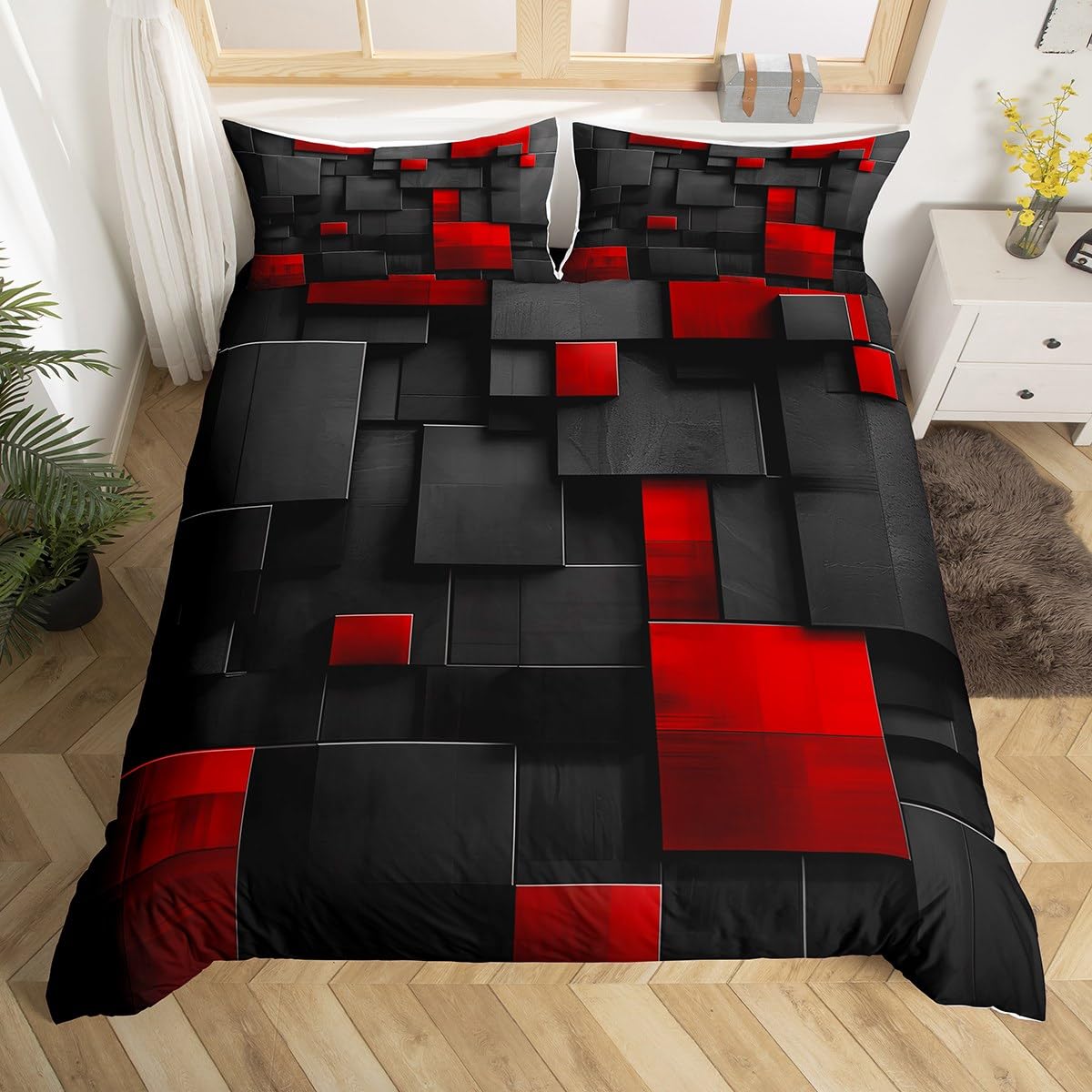 Manfei Abstract Grid Kids Duvet Cover Set Double Size, Red and Black Square Comforter Cover