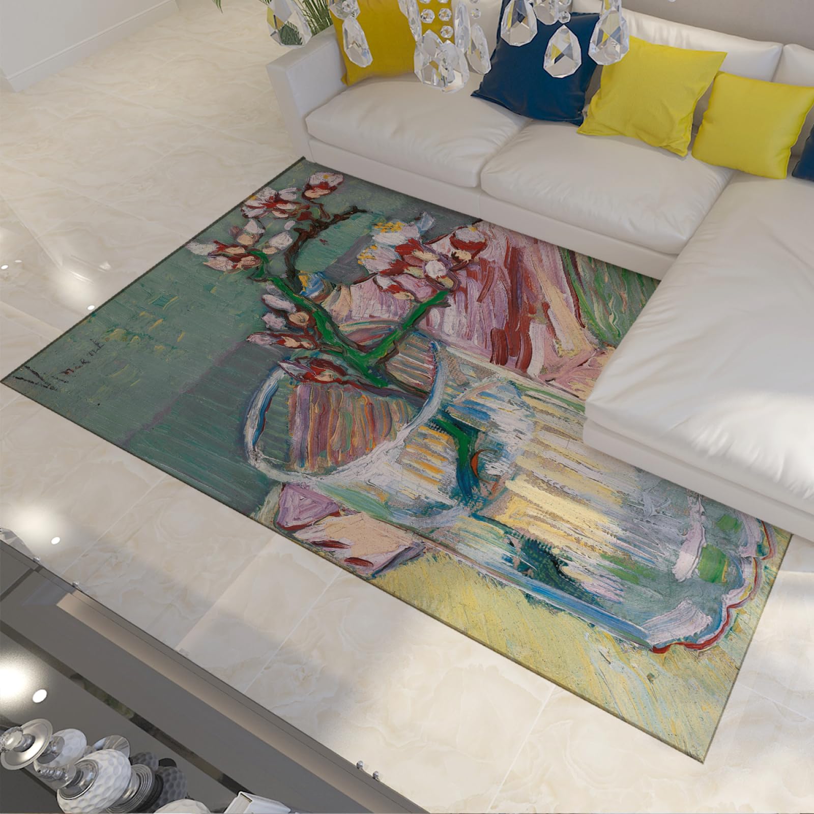 Tapis de branche d'amandier lavable et antidérapant grand format pour salon
